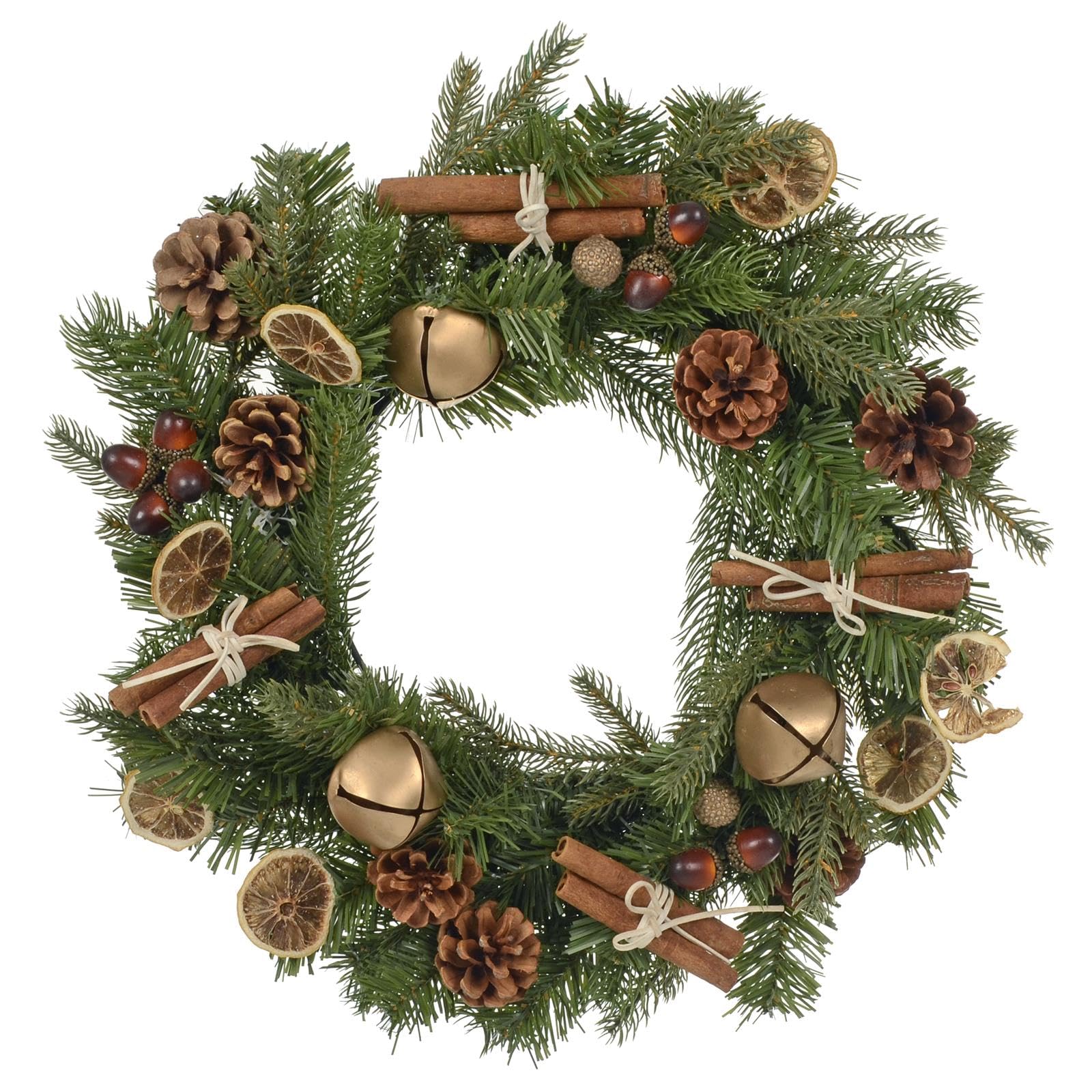 Mr Crimbo Green 16" Christmas Wreath Natural Look Pine Gold Bells Cones Acorns Orange Cinnamon