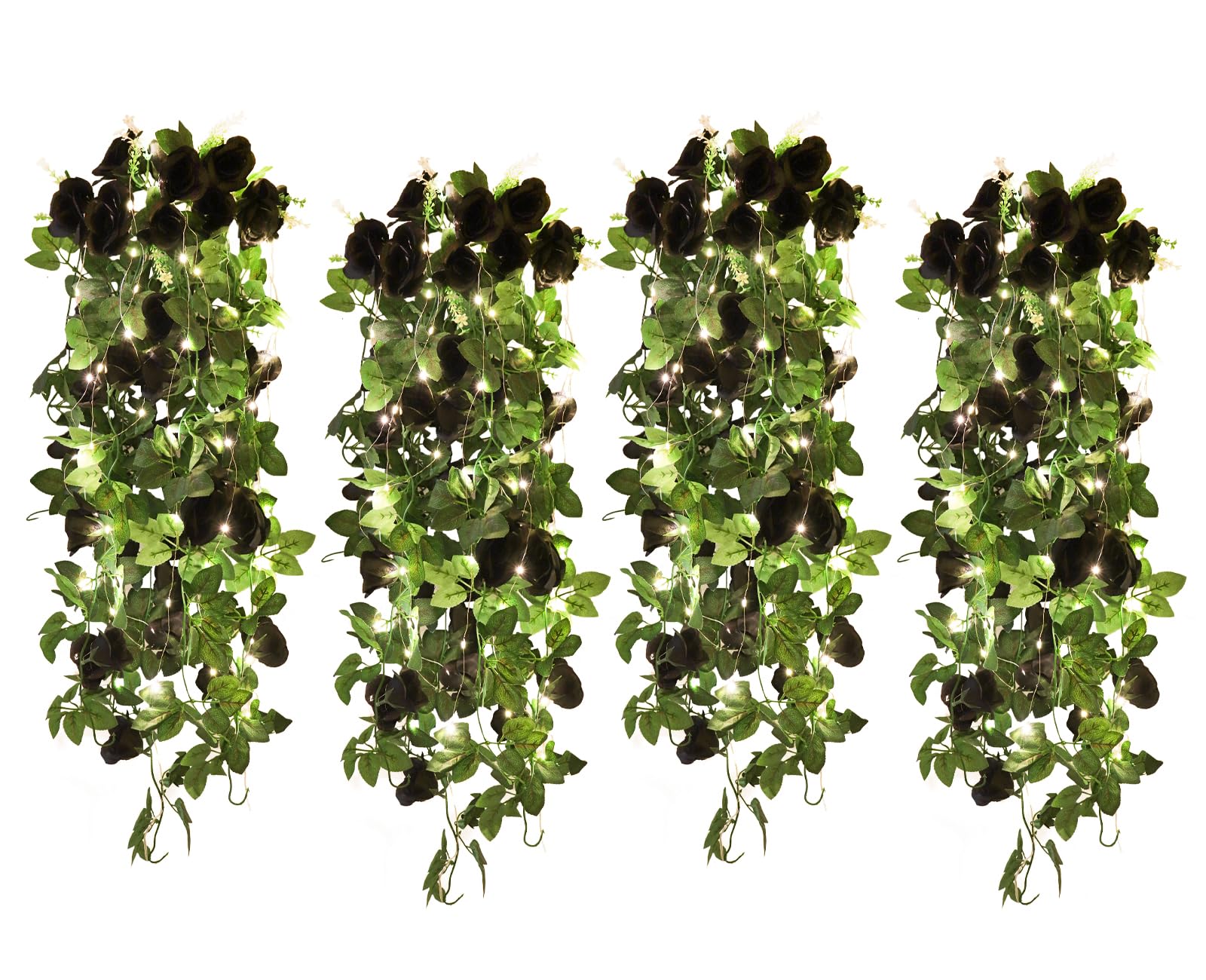 RECUTMS Artificial Hanging Rose Flower 4Pieces 3.3Ft Flowers for Outdoors with 30 LED Fairy String Lights Fake Indoor Wall Wedding (Black)