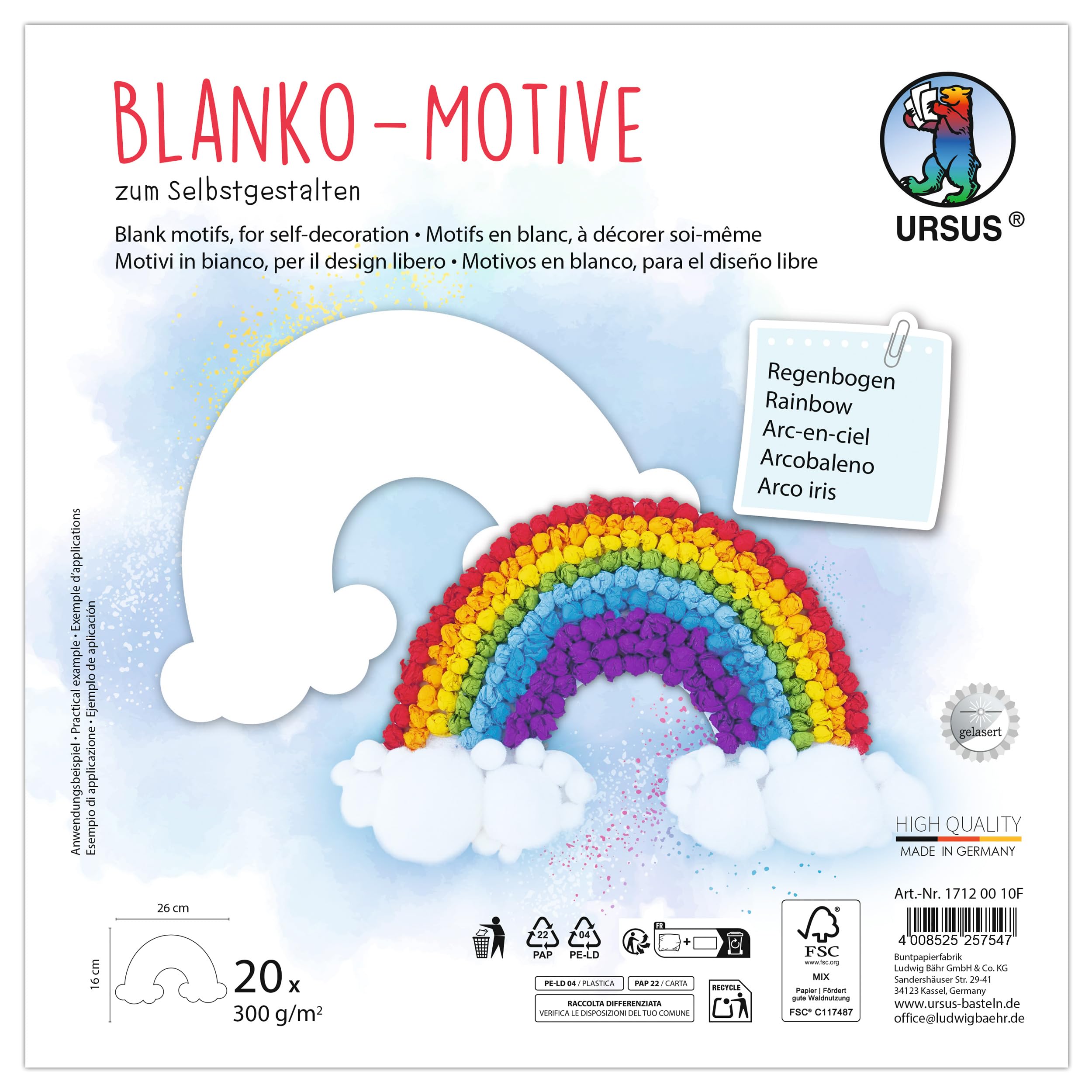 Ursus 1712 00 10F Blank Motifs Rainbow, 20 Pieces Made of 300 g/m² Photo Cardboard, 26 x 16 cm, DIY Craft Paper for Colouring, Gluing, Cutting Out and Designing Yourself