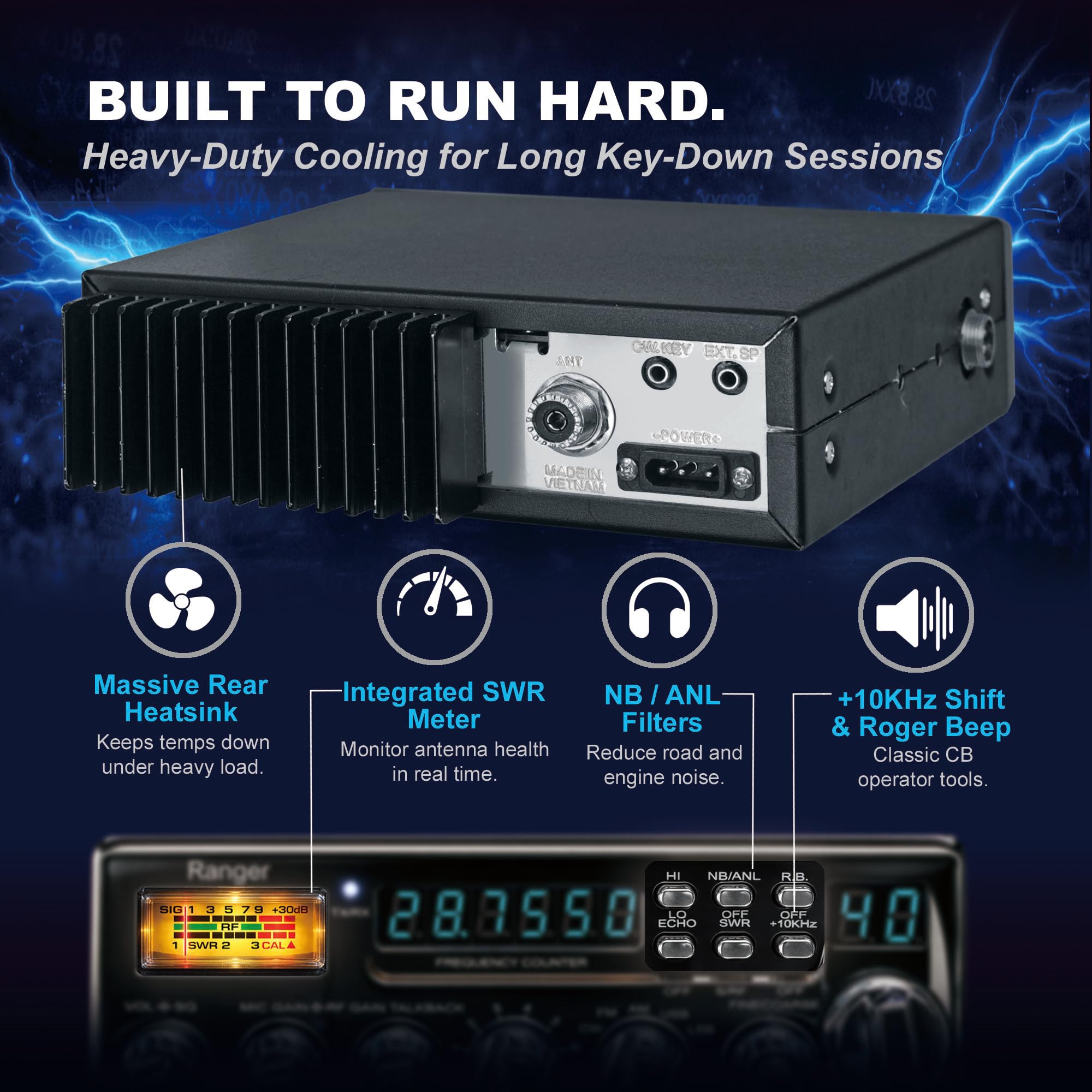 Ranger RCI-69VHP High Power 10 Meter Amateur Radio 80W PEP All-Mode (CW/FM/AM/SSB) SRA-198NC Dynamic Noise Canceling Mic 6-Digit Frequency Counter Fine/Coarse Clarifier SWR Meter & Big Heatsink — view 5