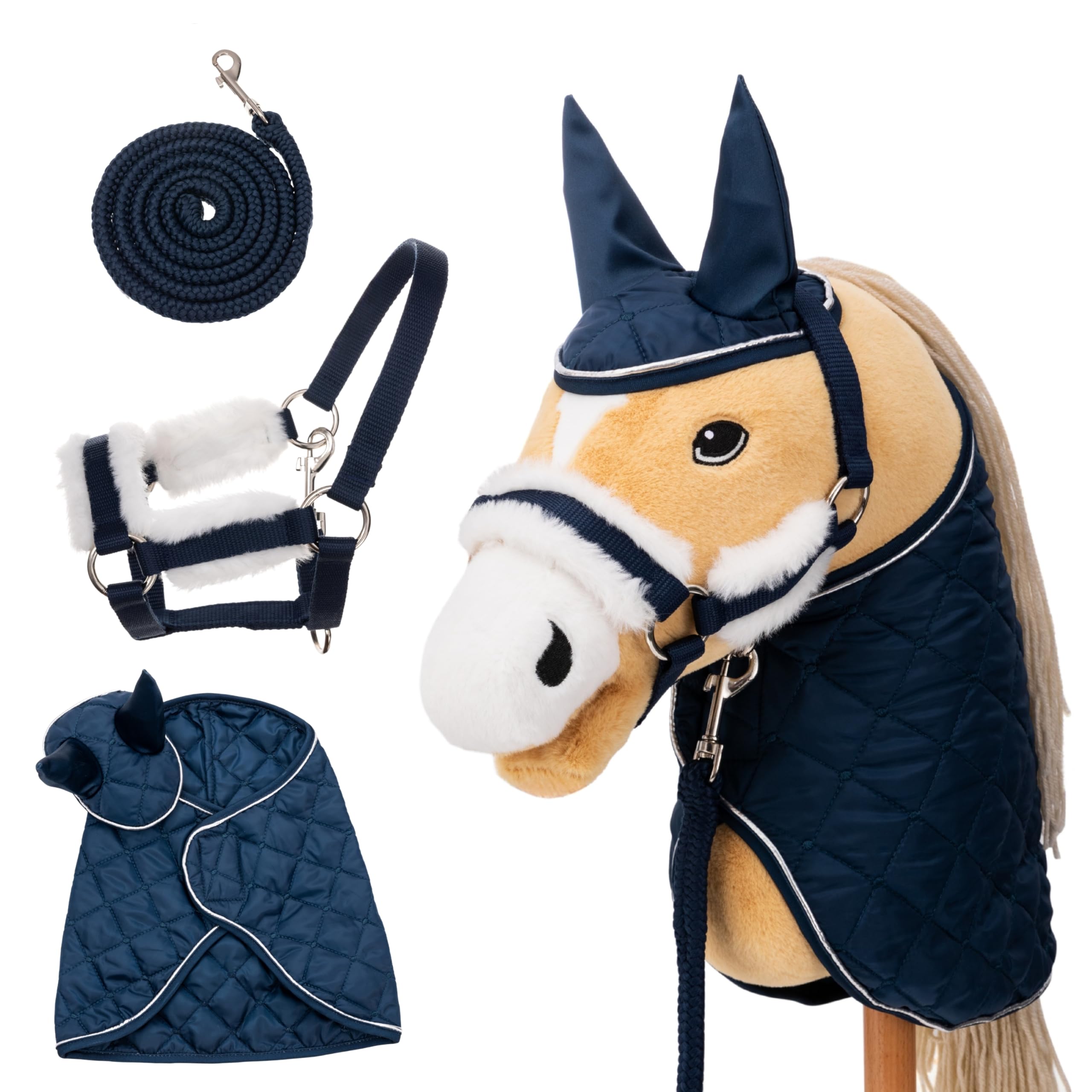 Hobby Horse Accessory Set - Halter with Knit, Blanket & Fly Hood in Blue for Hobby Horses [TÜV Approved] - Ideal for Game, Training & Small Tournaments