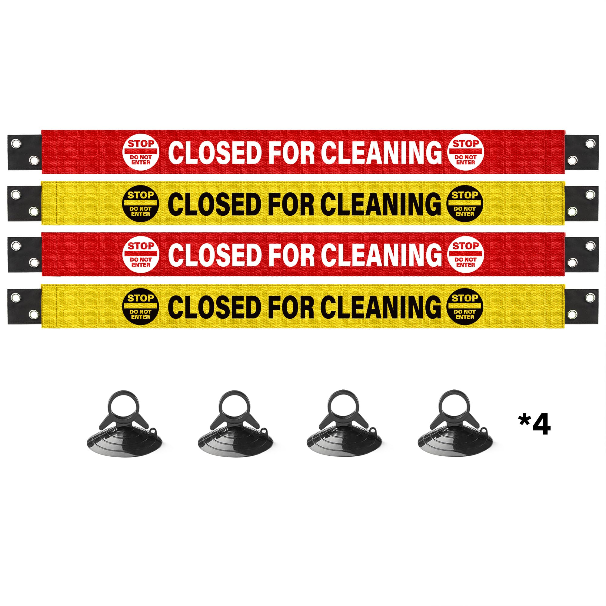 Closed for Cleaning Warning Signs with Magnetic Ends & Suction Cups, 4 Pack - High Visibility Red & Yellow Keep Door Closed Sign, Do Not Enter Tape for Bathrooms, Restrooms, and Public Spaces, Durable