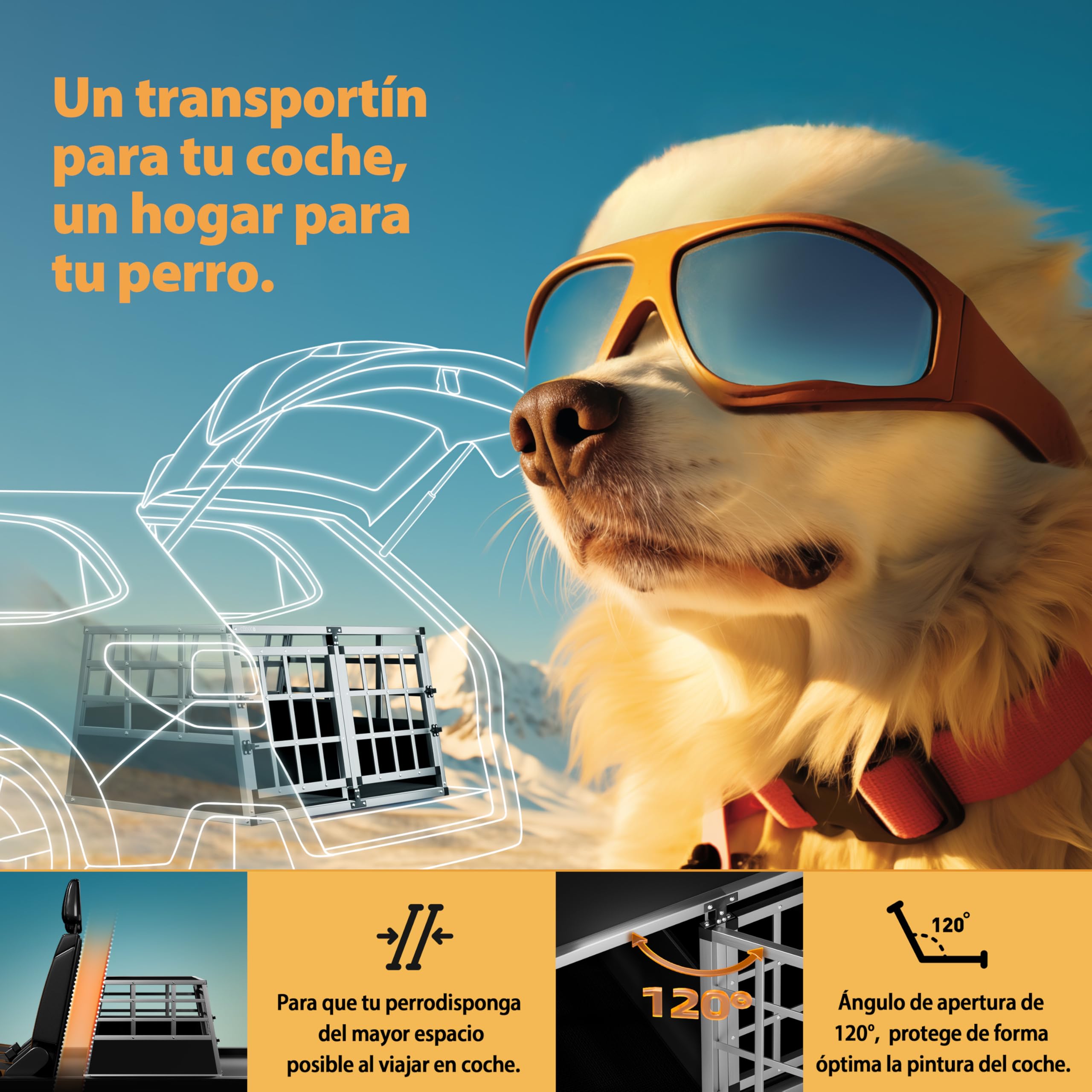 CADOCA® Transportín Perro Pequeño Grande Jaula Perros Aluminio Pared Divisoria Puerta Cerradura Mascotas Protección Viaje Coche Camping 89x70x51cm