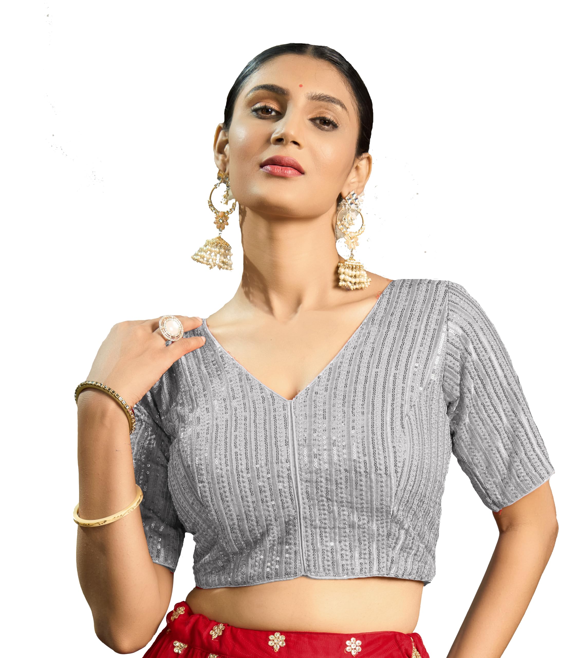 Vihu Fashion Women's Indian Ethnic Wear Designer Silver Sequence With Matching Embroidered Work V Neck Half Sleeve Readymade Padded Saree Blouse Readymade Unique Silver Color Saree Blouse