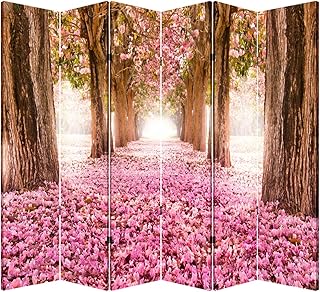 TOA Wooden Folding Screen Canvas Privacy Partition Divider- Forest (6 Panel Pink Pathway)