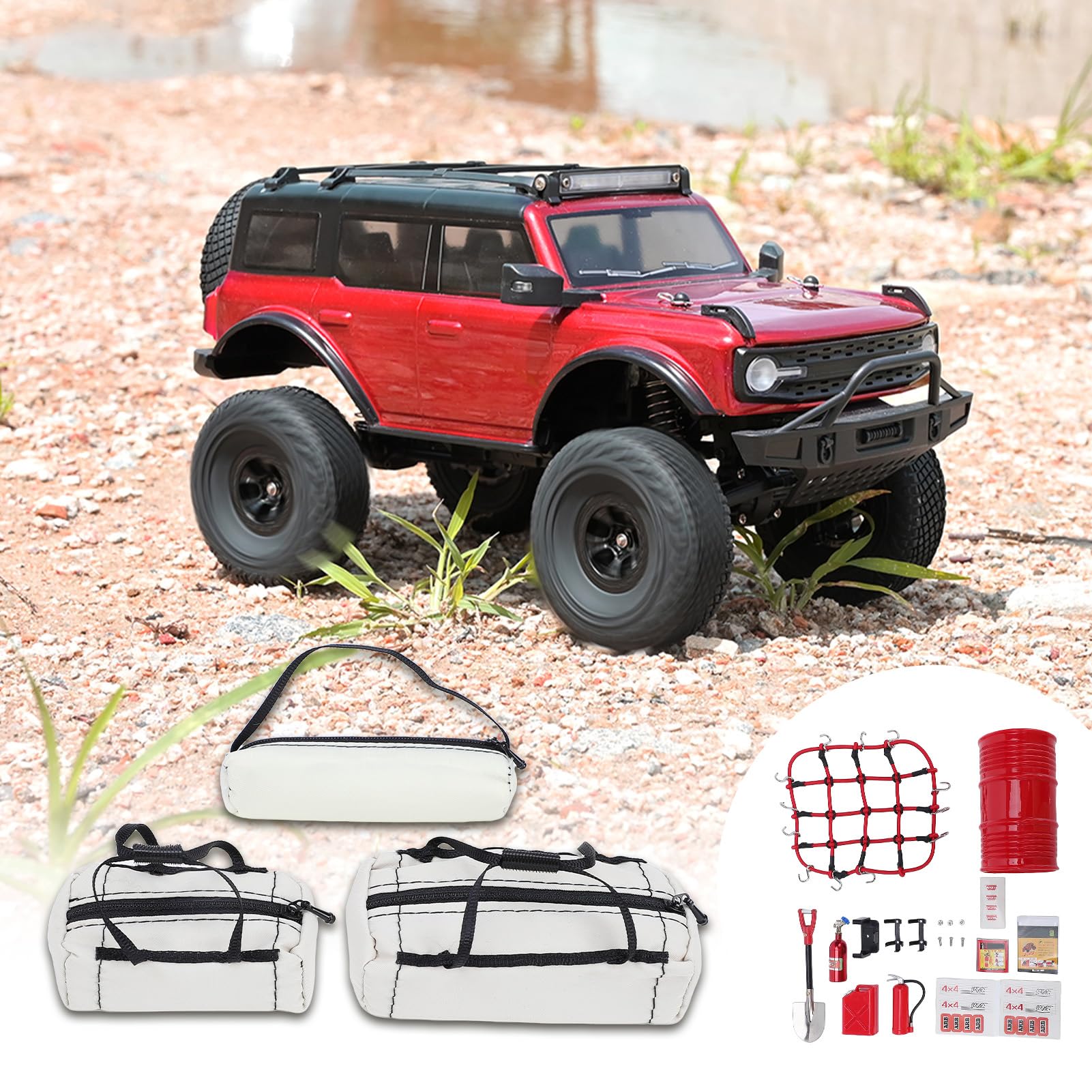 RC Simulation Accessories, RC Cars Decor Set Includes Bags, Luggage Net, Fuel Tank, Oil Drum, Jack, Fire Shovel for 1:10 Scale Crawler Cars, Off Road Vehicle (Grey) - 2