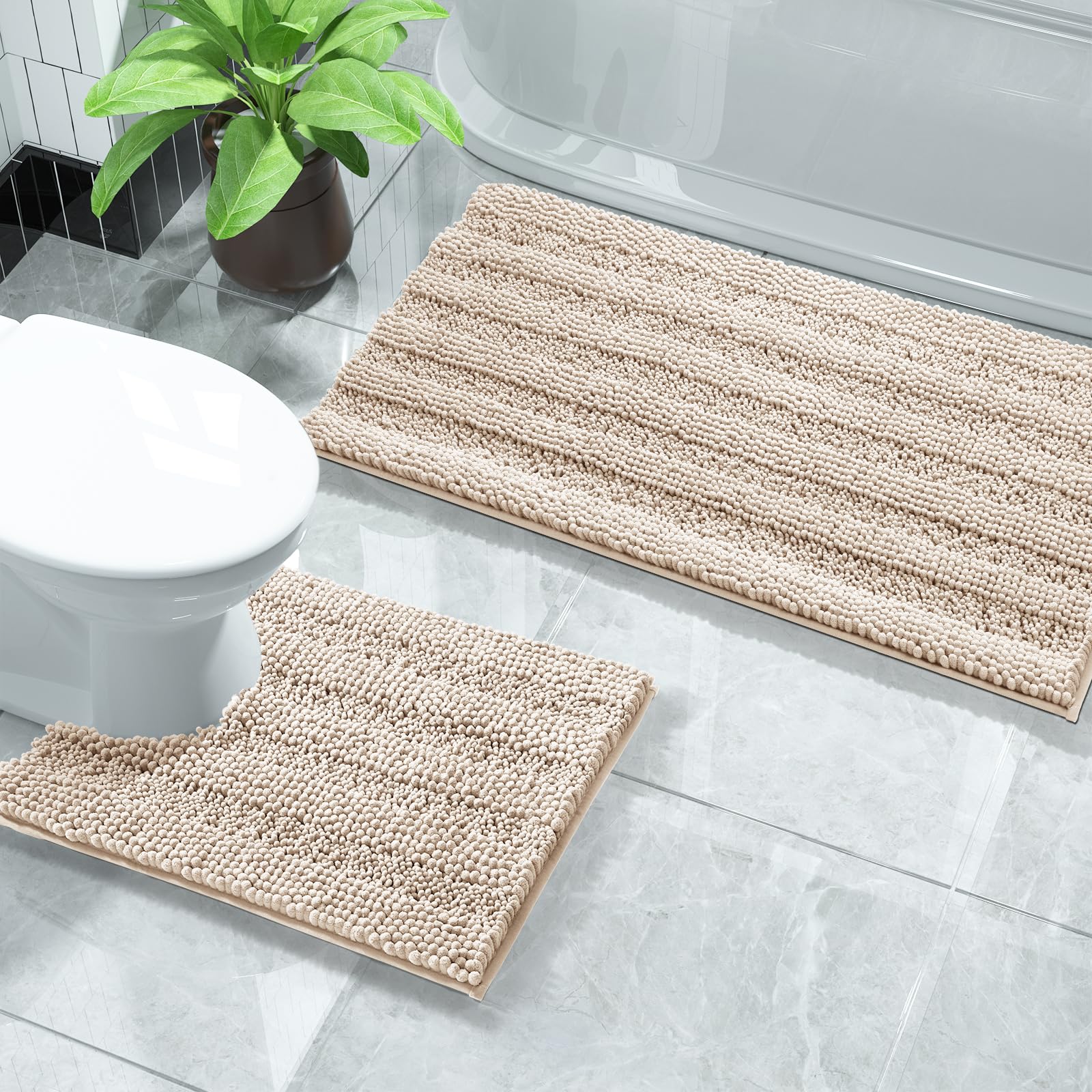 Yimobra Luxury Chenille Shaggy Bathroom Rug Set, 2 Pack Soft Fluffy Plush U Shaped Toilet Bath Mat, Extra Thick, Non-Slip, Water Absorbent, Machine Washable (Beige, 20" x 32"+20" x 24.4")