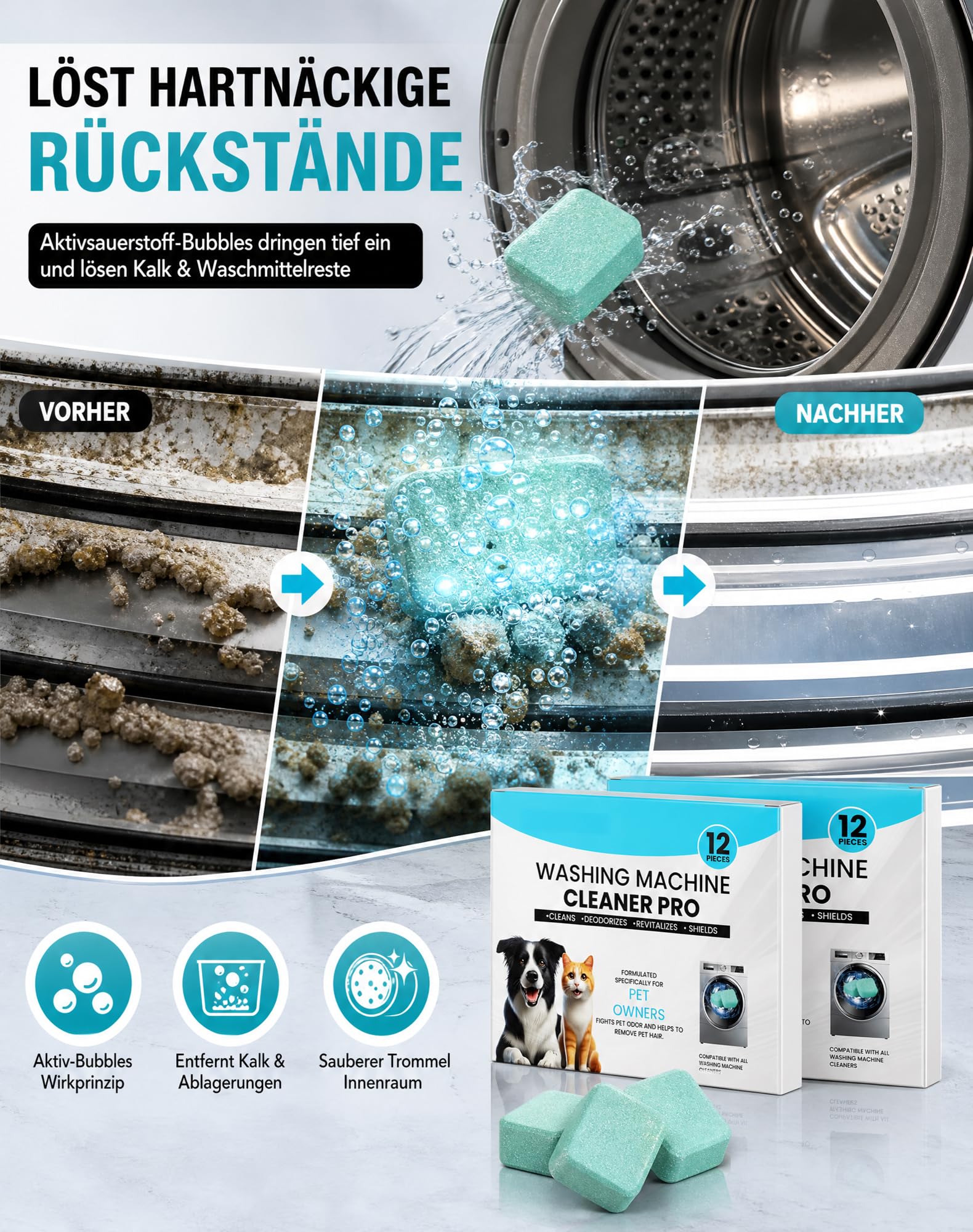 Fellex Waschmaschinenreiniger Pro, 36 pcs mit Keratinase Tierhaare | KeraCLEAN Reiniger Hundedecken-Tiefenwirksame Tabs löst Tiergerüche und Schmutz in Trommel und Dichtungen nach Haustierwäsche