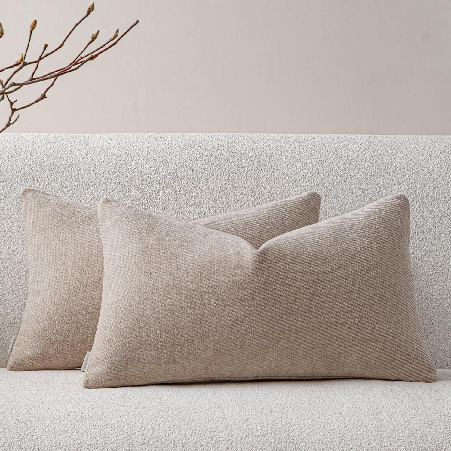 a moment Pack of 2 Decorative Chenille Throw Pillow Covers with Twill Cushion Covers for Sofa Living Room Couch Bed 12x20 Inch Beige