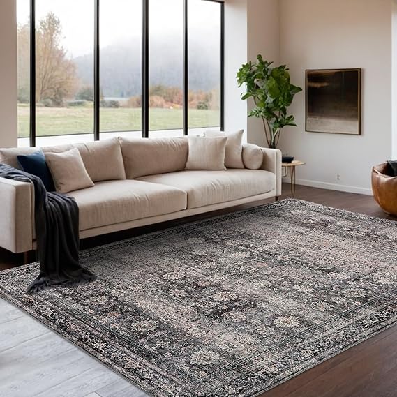 GarveeHome Large Area Rugs 9x12 Vintage Printed Living Room with Non-Slip Backing, Stain-Resistant Oriental Accent Rugs, Washable Farmhouse Low Pile Rugs for Bedroom, Office, Green Camel