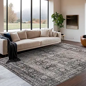 GarveeHome Area Rugs 4x6 Vintage Printed Floor Carpet with Non-Slip Backing, Stain-Resistant Oriental Throw Rugs, Washable Farmhouse Low Pile Rugs for Living Room, Bedroom, Office, Green Camel