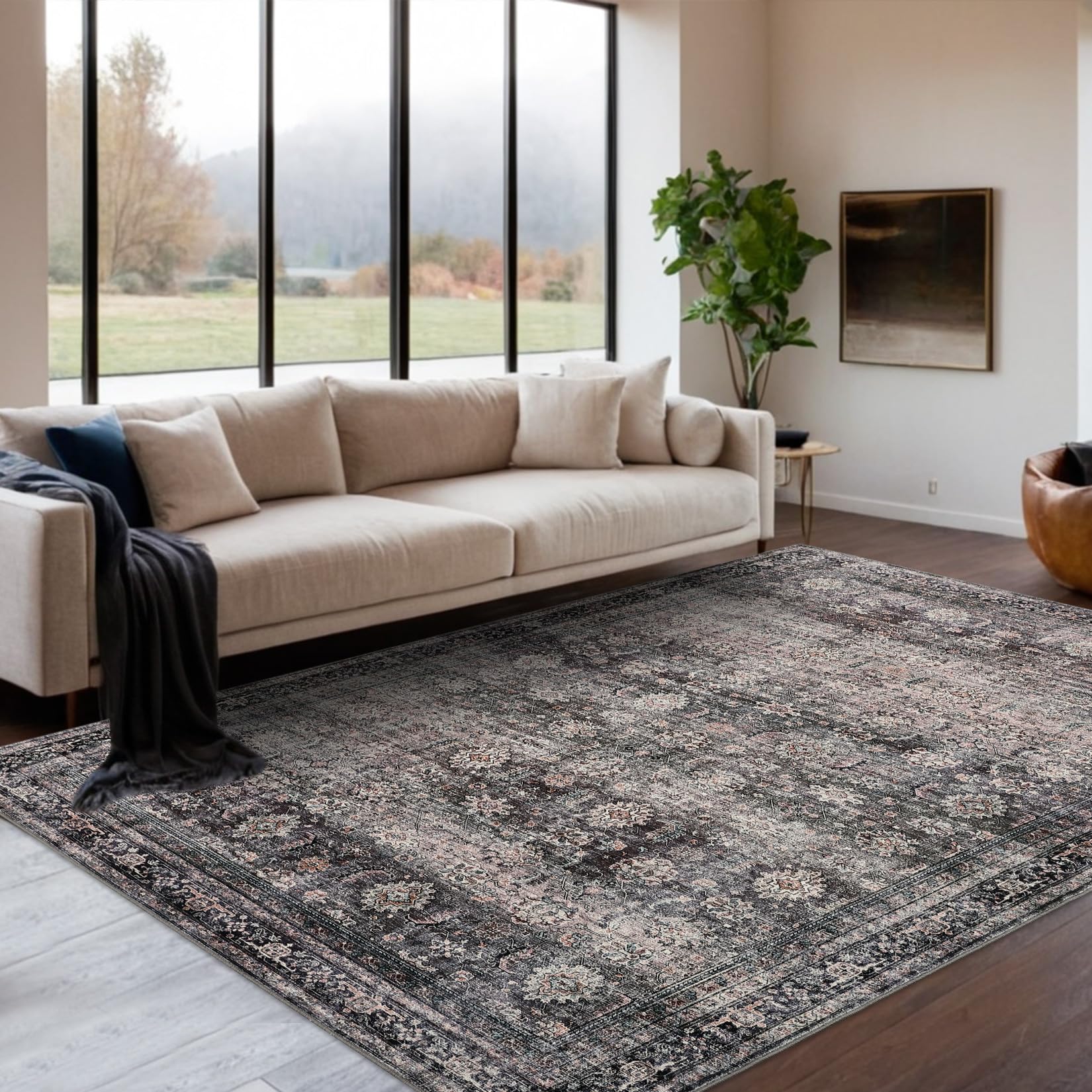 GarveeHome Area Rugs 8x10 Large Vintage Printed Accent with Non-Slip Backing, Stain-Resistant Oriental Living Room Rugs, Washable Farmhouse Low Pile