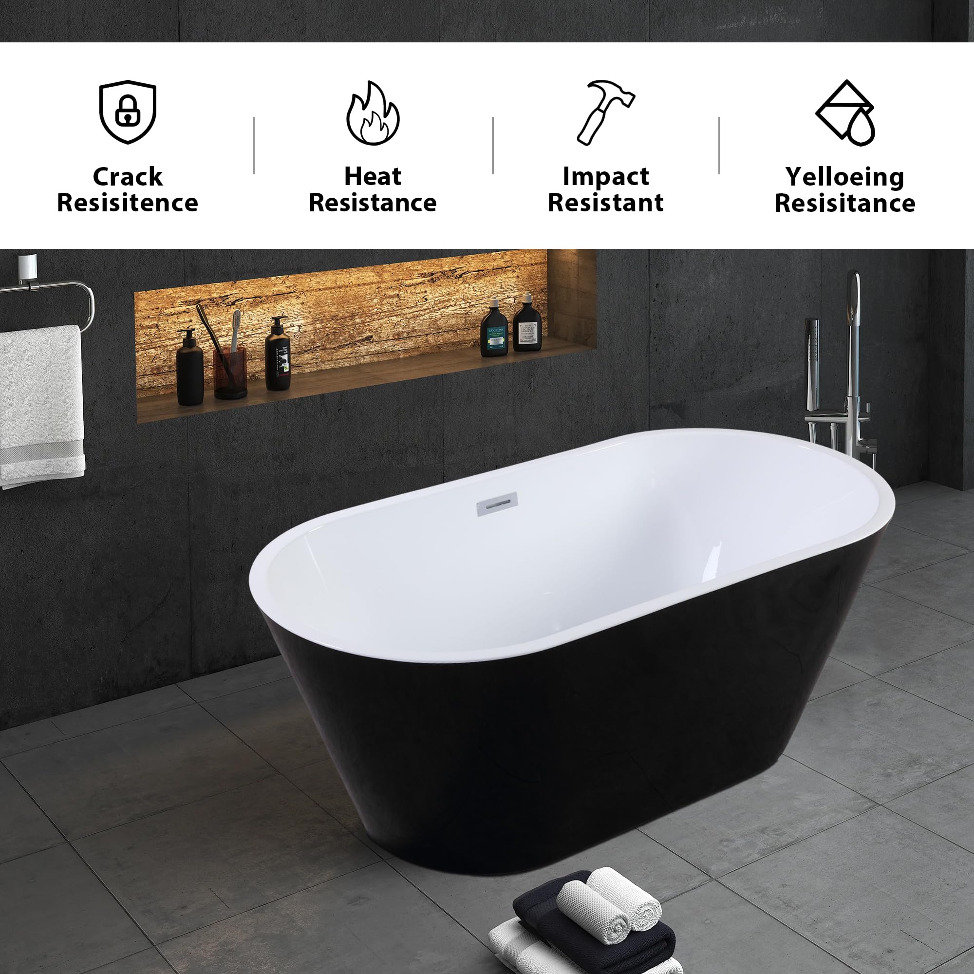 67" Acrylic Freestanding Tub, Classic Oval Soaking Tub with Chrome Overflow and Pop-up Drain (67"Black White) - Amazon.com