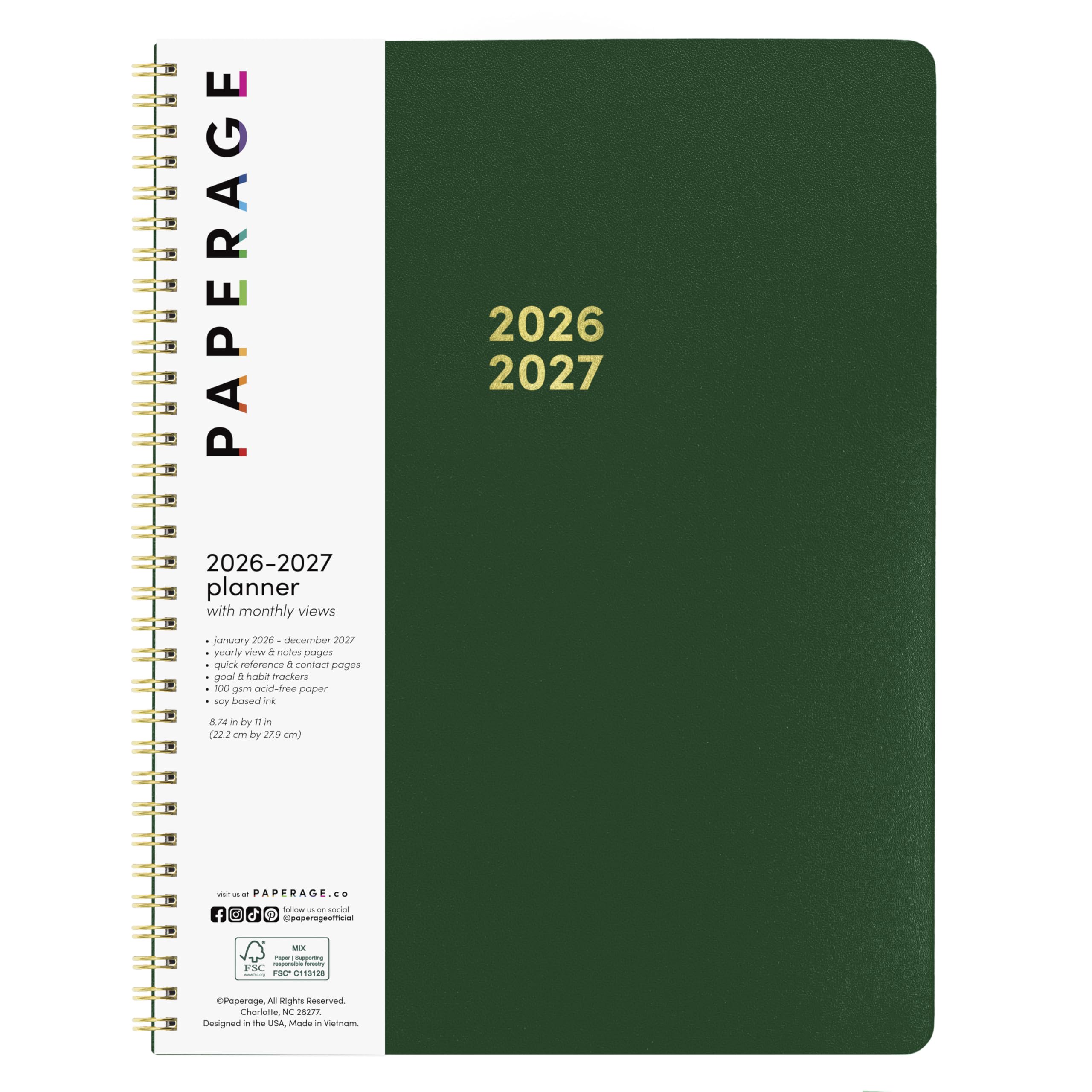 PAPERAGE 2 Year Monthly & Yearly Planner, 24 Months (January 2026 - December 2027), 8.5 in x 11 in, Spiral Bound 2026-2027 Planner with Monthly &