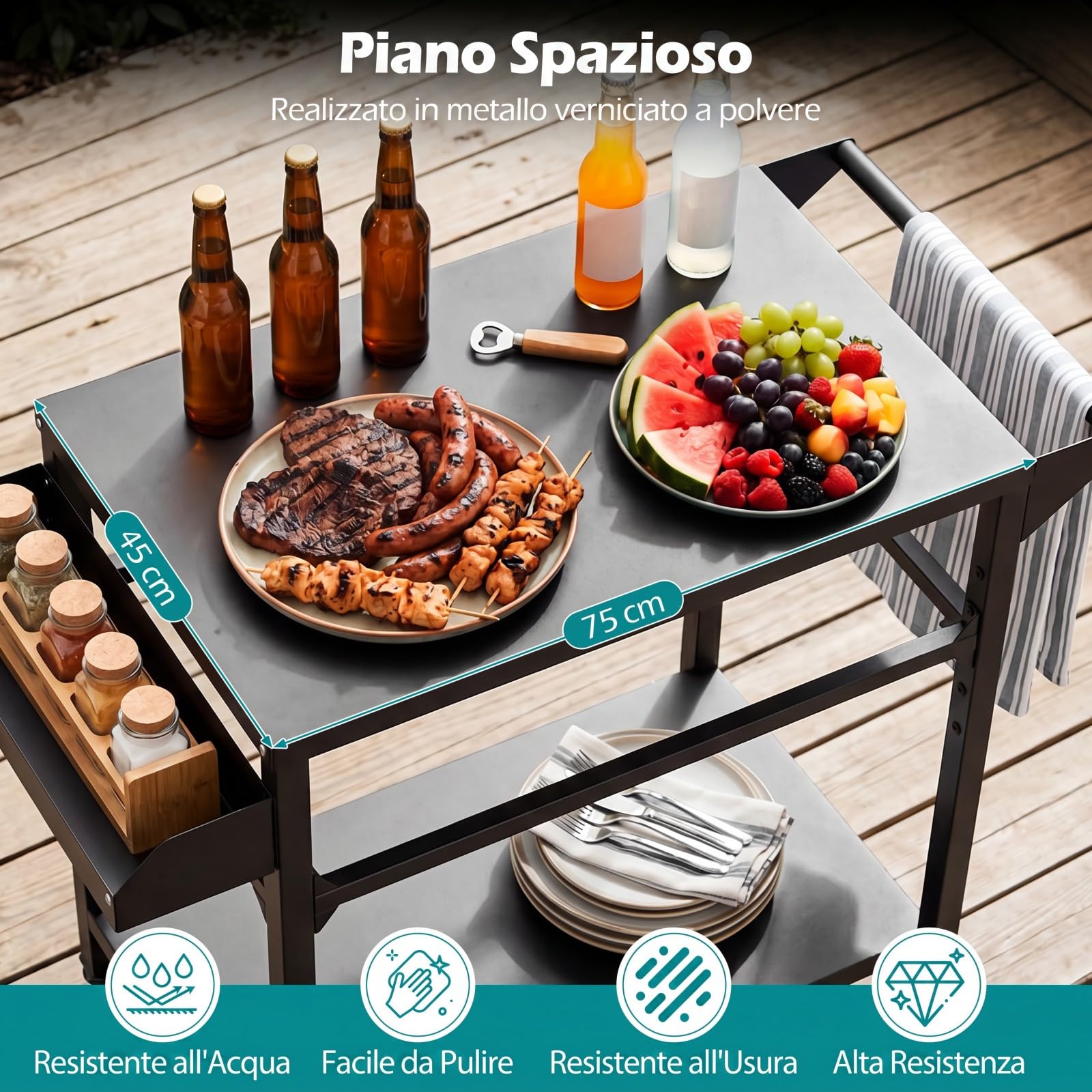 COSTWAY Carrello per Barbecue 4 Ruote, Carrello Cucina da Esterno BBQ Metallo 100x80x45 cm