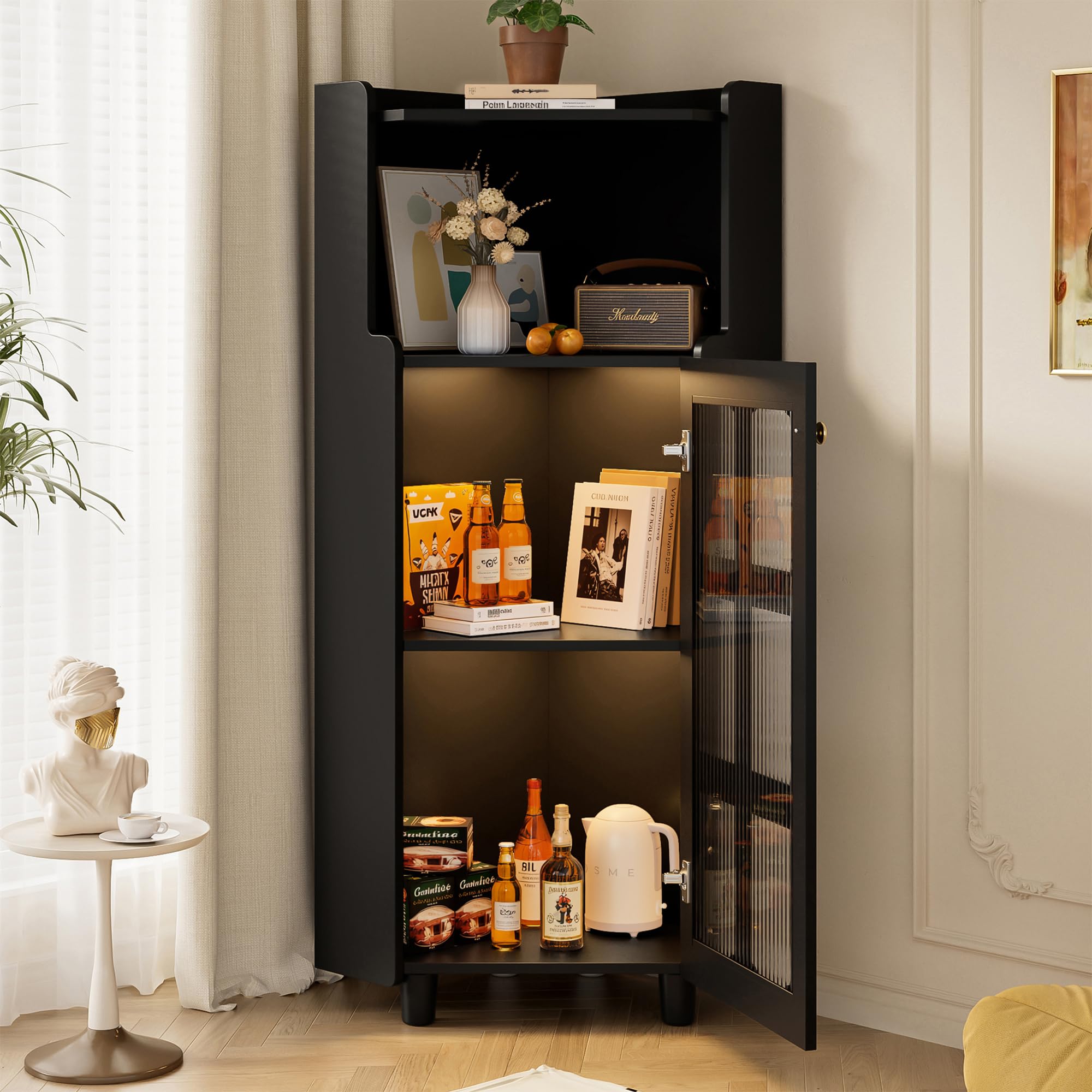 Armario esquinero de 63,5 x 124 cm, armario de baño, armario de baño con superficie lacada e iluminación LED – Moderno mueble esquinero con control de aplicación, para salón, estantería