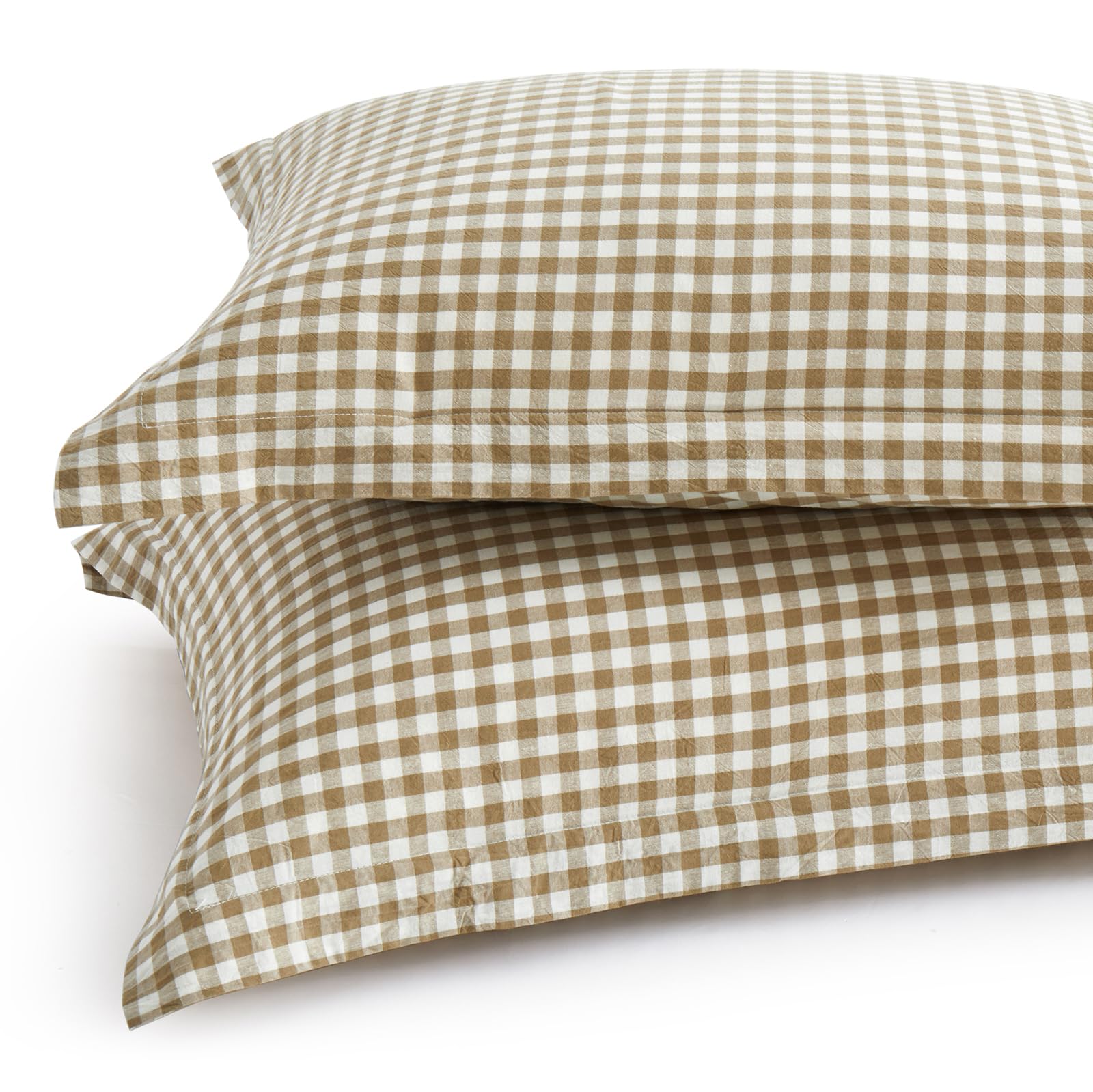 Photo 1 of Yvrcen Taupe Plaid Gingham Pillowcases Set of 2, Pure Cotton Queen Size Pillow Shams with 2 Inch Edge for Bed and Sofa, Linen Like Feel, 20x30 Inches