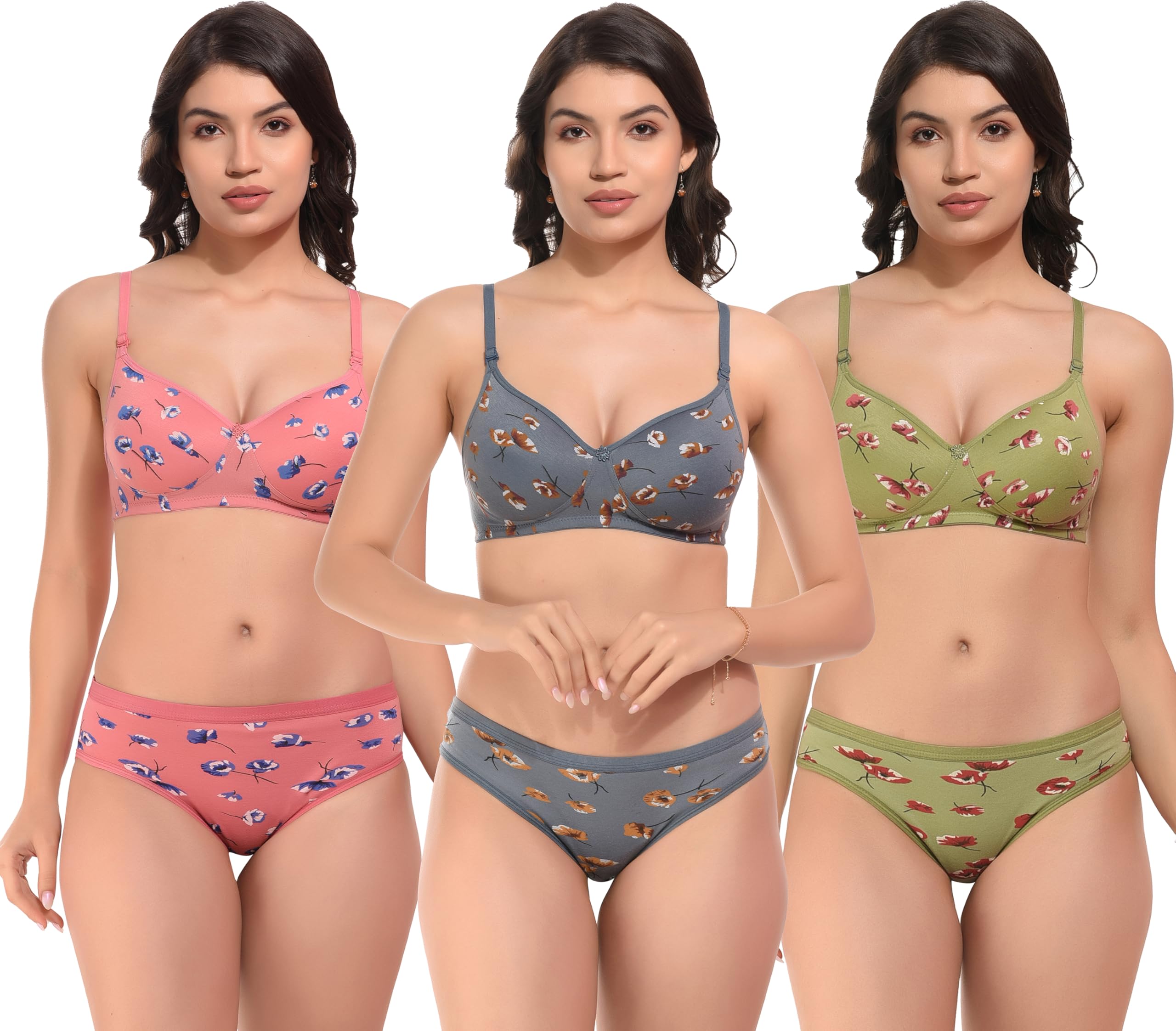 Lingerie Set Full with Coverage Lightly Padded Bra and Hipster Panty (Pack of 3, Multicolor)-image-14