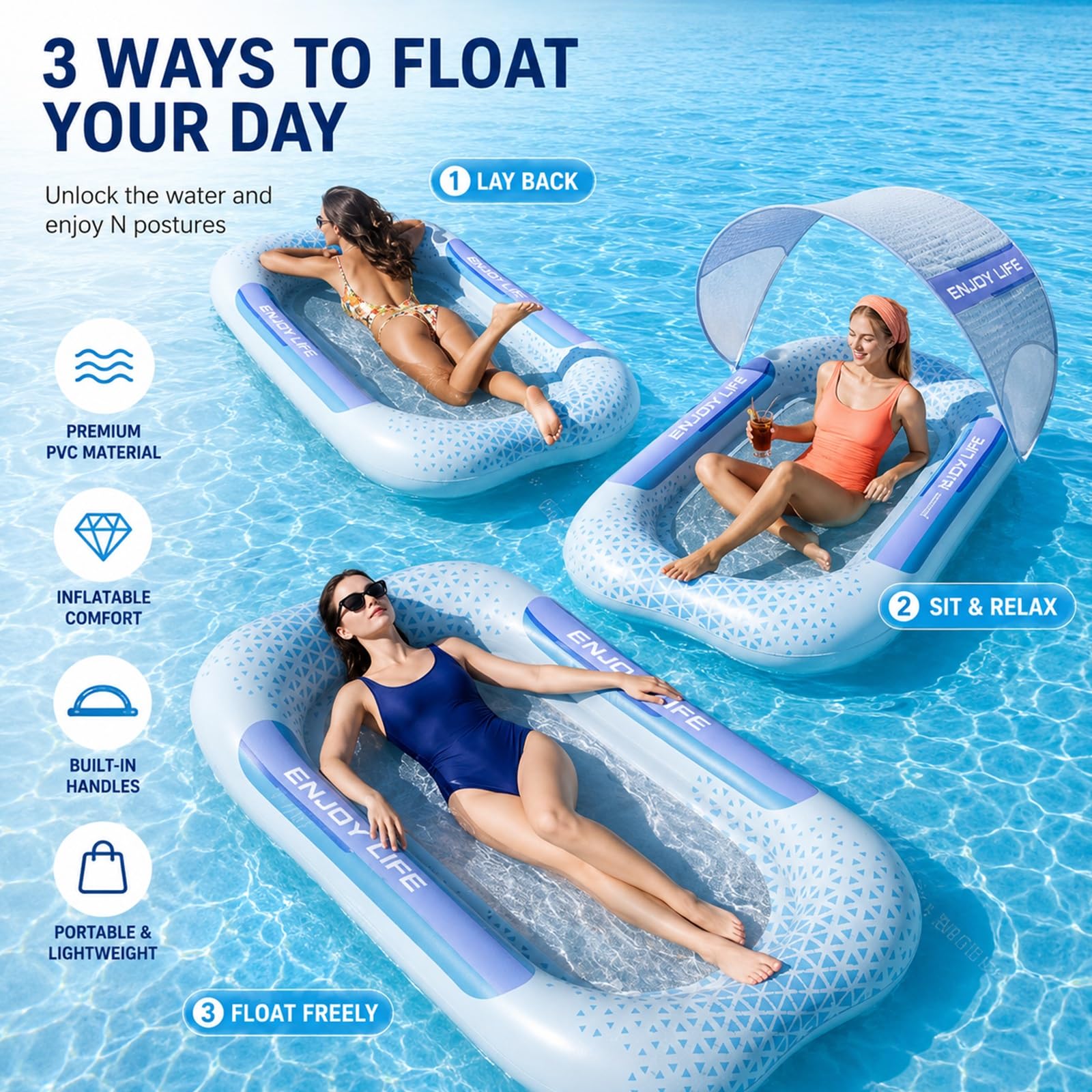 Amaca Gonfiabile, Sdraio Galleggiante con Porta Bicchieri, Zattera Gonfiabile Portatile per Piscina, Spiaggia, Lago e Attività Acquatiche All'aperto