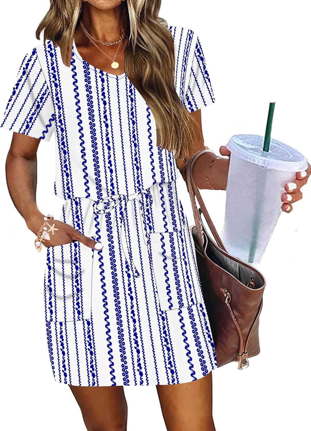 AUSELILY Womens Summer Dresses 2026 Causal Short Sleeve V Neck Tie Front Mini Short Dress with Pockets