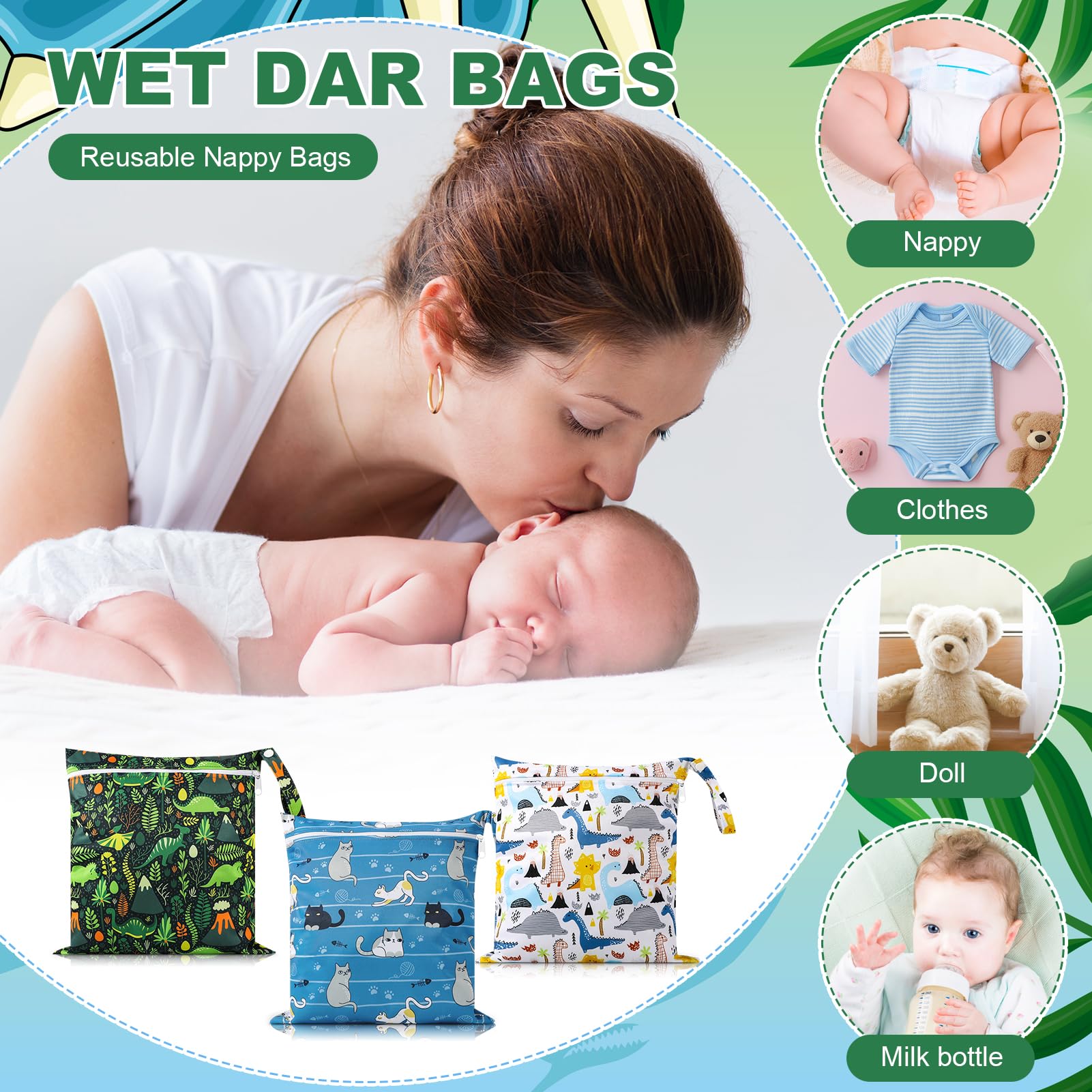 GSrenyu 3 Packs Wet Bag Waterproof Wet Dry Bags,Reusable Cloth Diaper Bags Nappy Bag with Zipper Pockets for Baby Items Wet Clothes Swimming Pool Supplies - Image 4