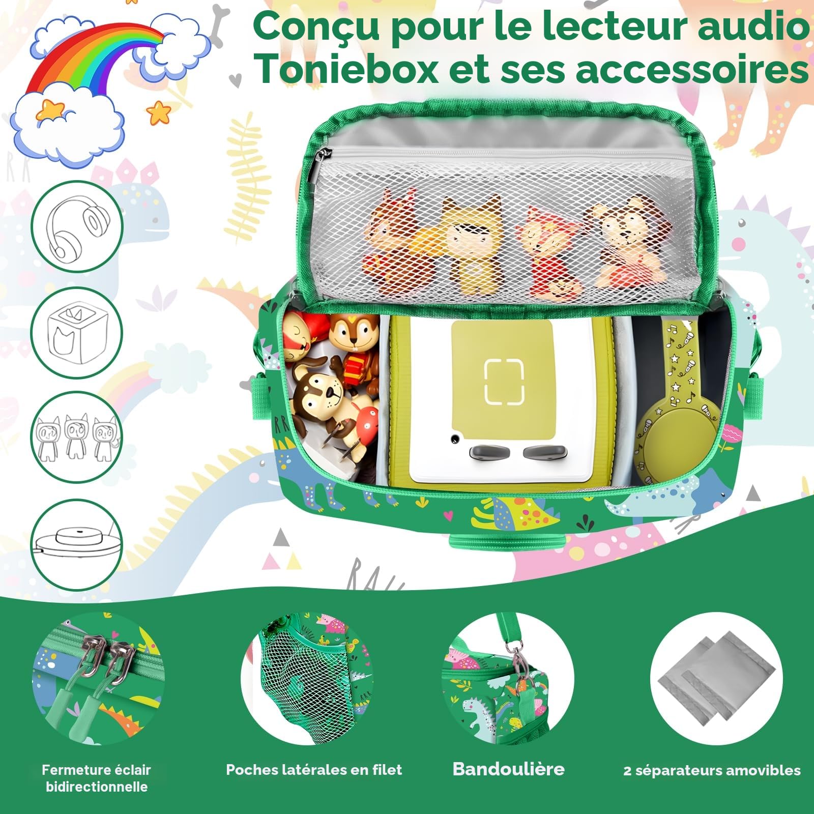 Étui de Transport pour Toniebox Starter Set, pour Personnages Tonie, écouteurs, Station de Charge et Accessoires, Sac de Rangement avec Fermeture éclair et Sangle réglable (Vert)