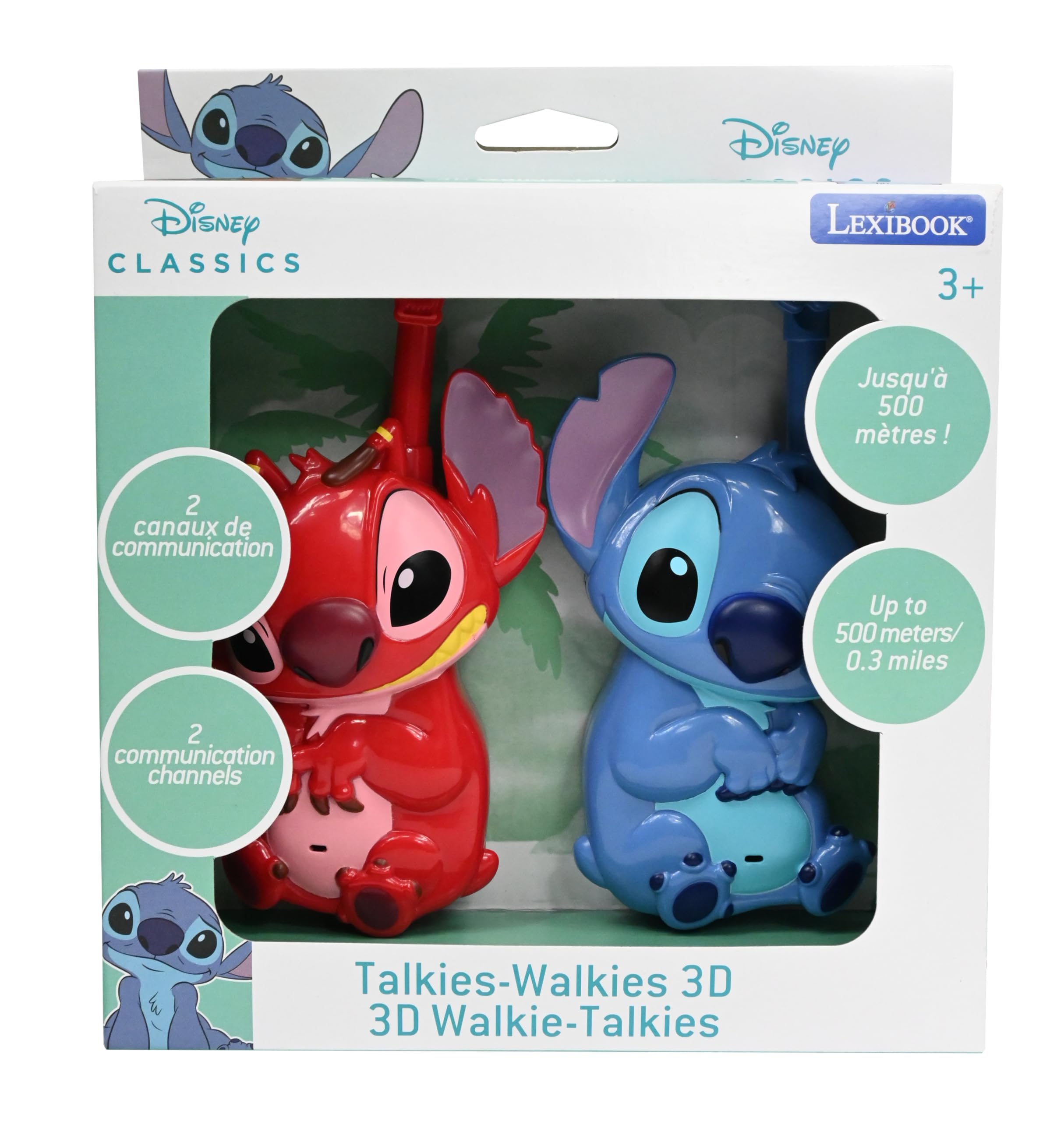Lexibook, Disney Stitch, Stitch und Leroy 3D-Walkie-Talkies, 500m Reichweite, 2 Kommunikationskanäle, Gürtelclip, Blau/Rot, TW18D