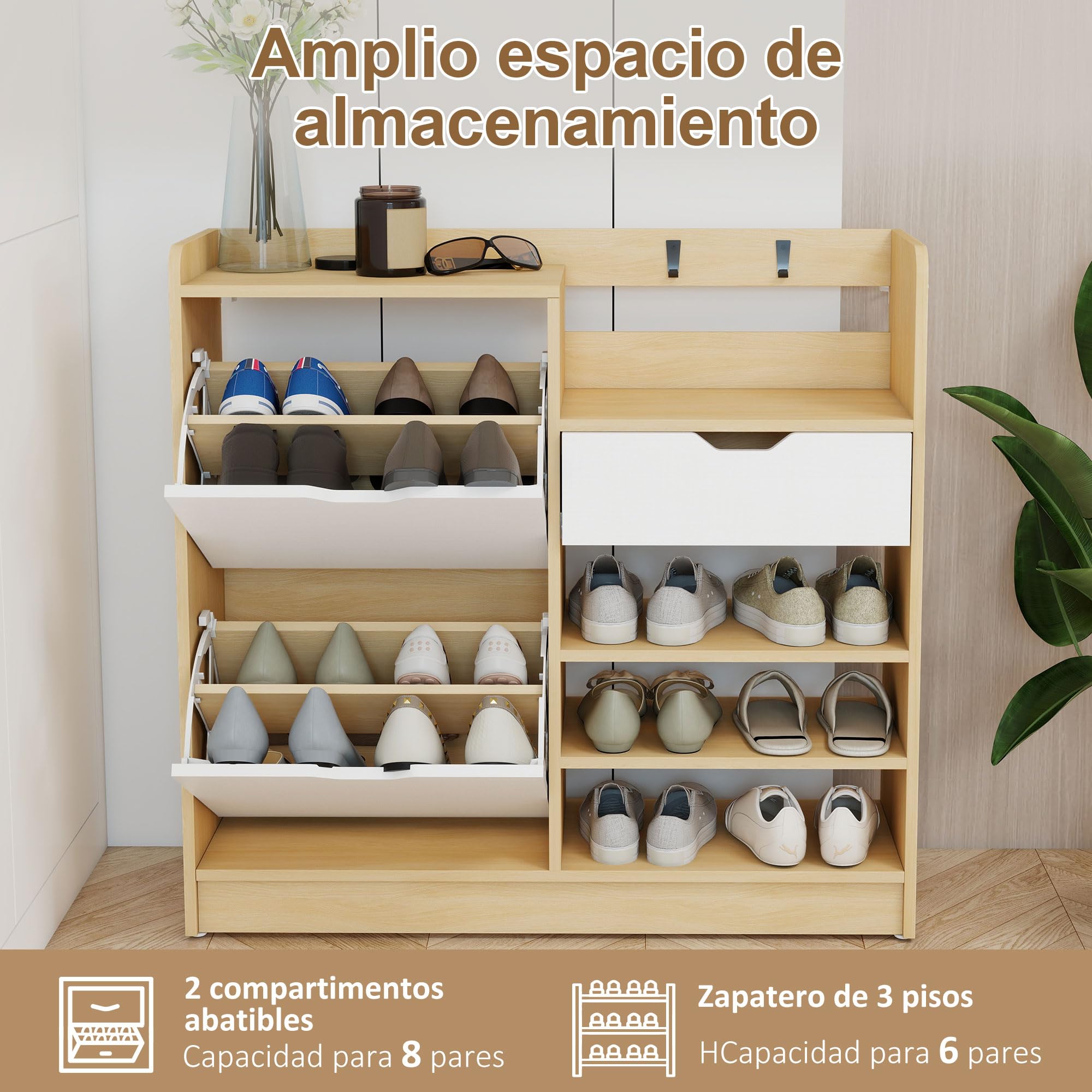 HOMCOM Zapatero Estrecho con 2 Puertas Cajón 93x30x90 cm Natural y Blanco | Zapatero Entrada Recibidor con Estantes Ajustables, Estantes Abiertos, 4 Ganchos, para 14 Pares de Zapatos