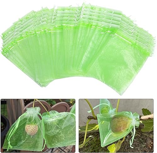 100 bolsas de protección de frutas verdes de 6 x 8 pulgadas, bolsas de malla para frutas con cordón, bolsa de malla para proteger las plantas de