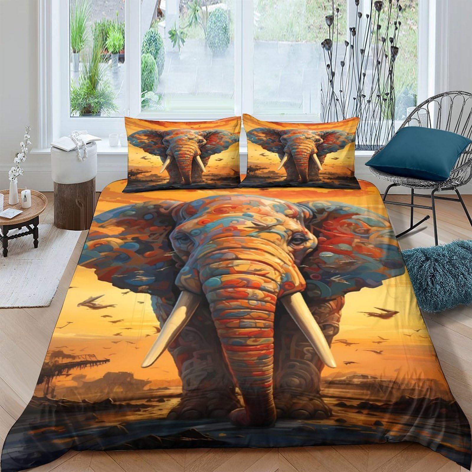 Ctjqhvkz Style-8 3D Printed Sunset Elephant Fitted Sheet Microfiber Soft African Wildlife Mattress Cover Bedroom Decor Single（135X200cm）