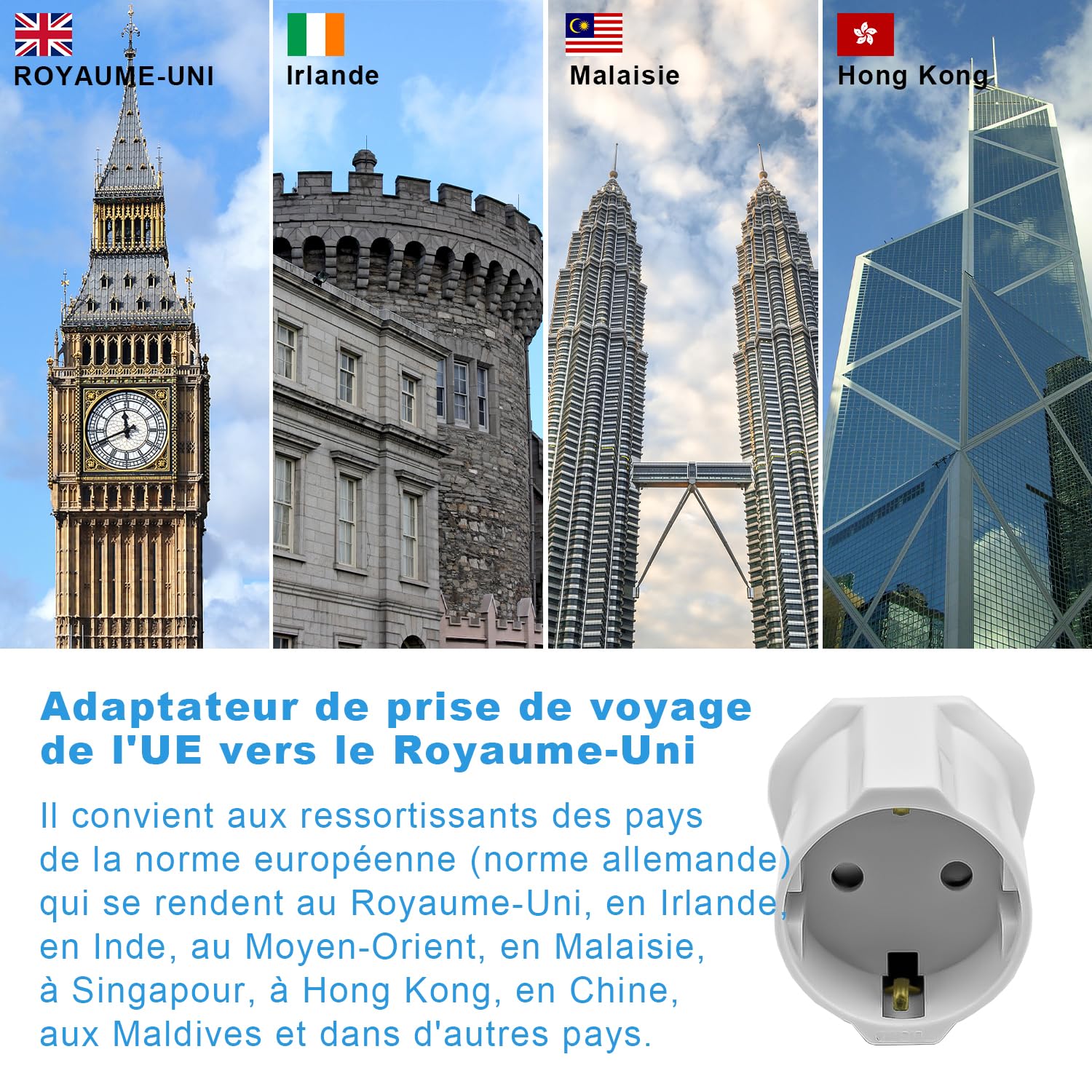 2 Pièces Adaptateur Prise Anglaise, Adaptateur de Voyage France vers UK, Adaptateur de Prise pour Irlande, Angleterre, Ecosse, Dubaï, Malte, Adaptateur Type G (Blanc)