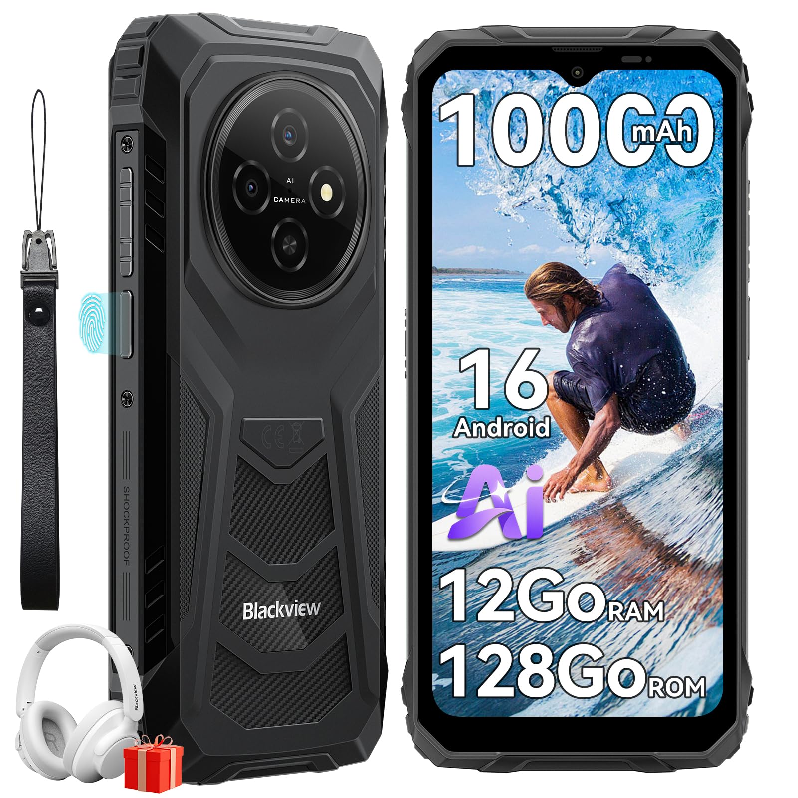 Blackview Téléphone Portable Incassable, Smartphone Incassable 10000mAh, Android 16 Telephone Incassable, IP68/IP69K, Jusqu’à 12GB+128GB (TF 2TB), 6,56" 90Hz, Double SIM, NFC, GPS, 3 Ans de Garantie