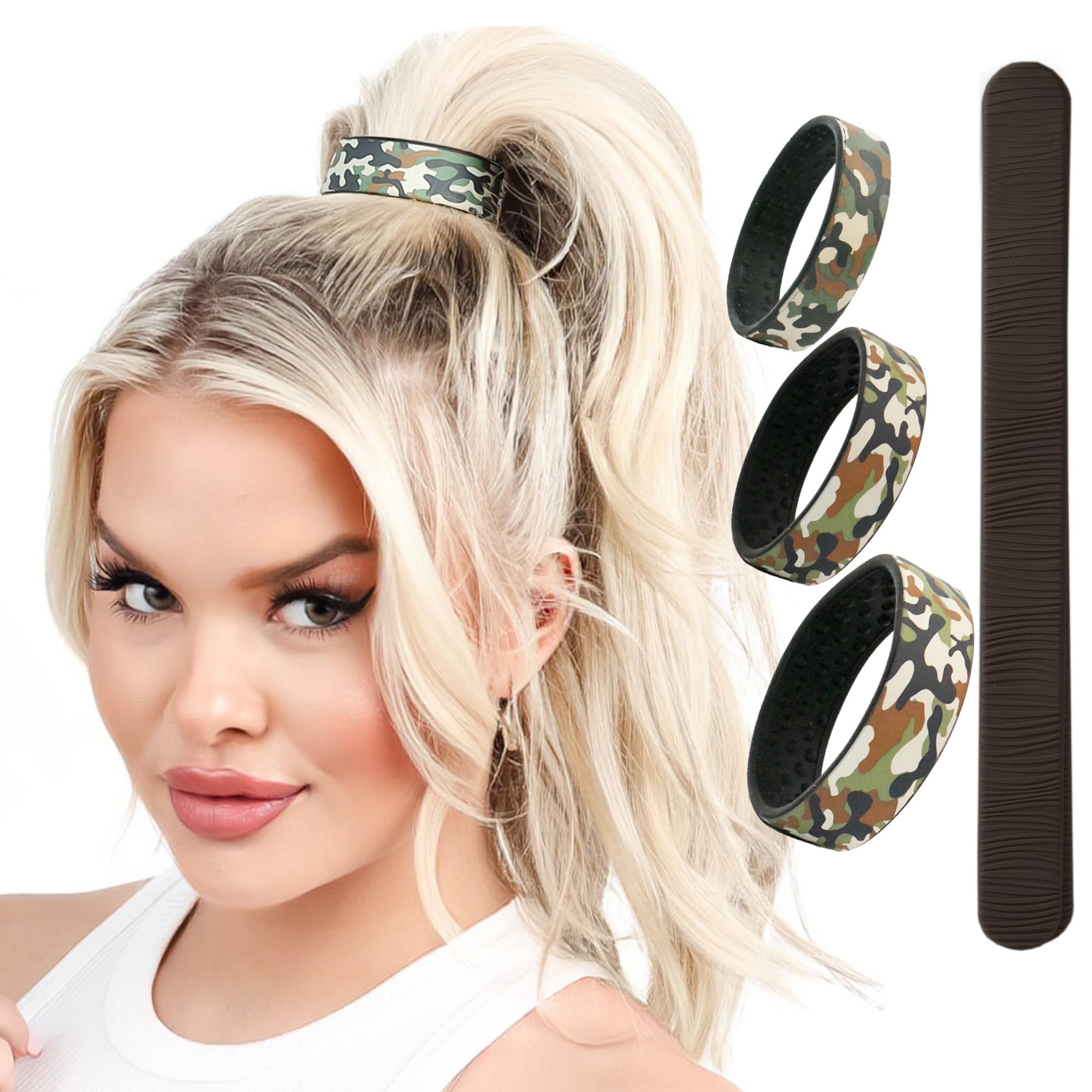 PONY-O All-in-One 4-Pack – No Damage Volumizing Ponytail Holders & BUN BARZ | Patented Bendable Hair Ties for Easy Ponytails & Buns (Camo w/Black Bun