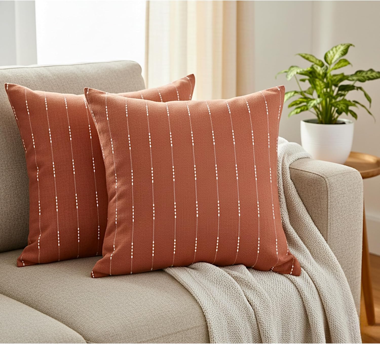 Modern Cotton Pillow Covers 20 x20 inches Terracotta/Woven Loom Stripe Pattern Contemporary Luxury Cushion Covers Burnt Orange/Simple Throw Pillow Cases for Living Room Sofa, Couch, Bed, Set of 2
