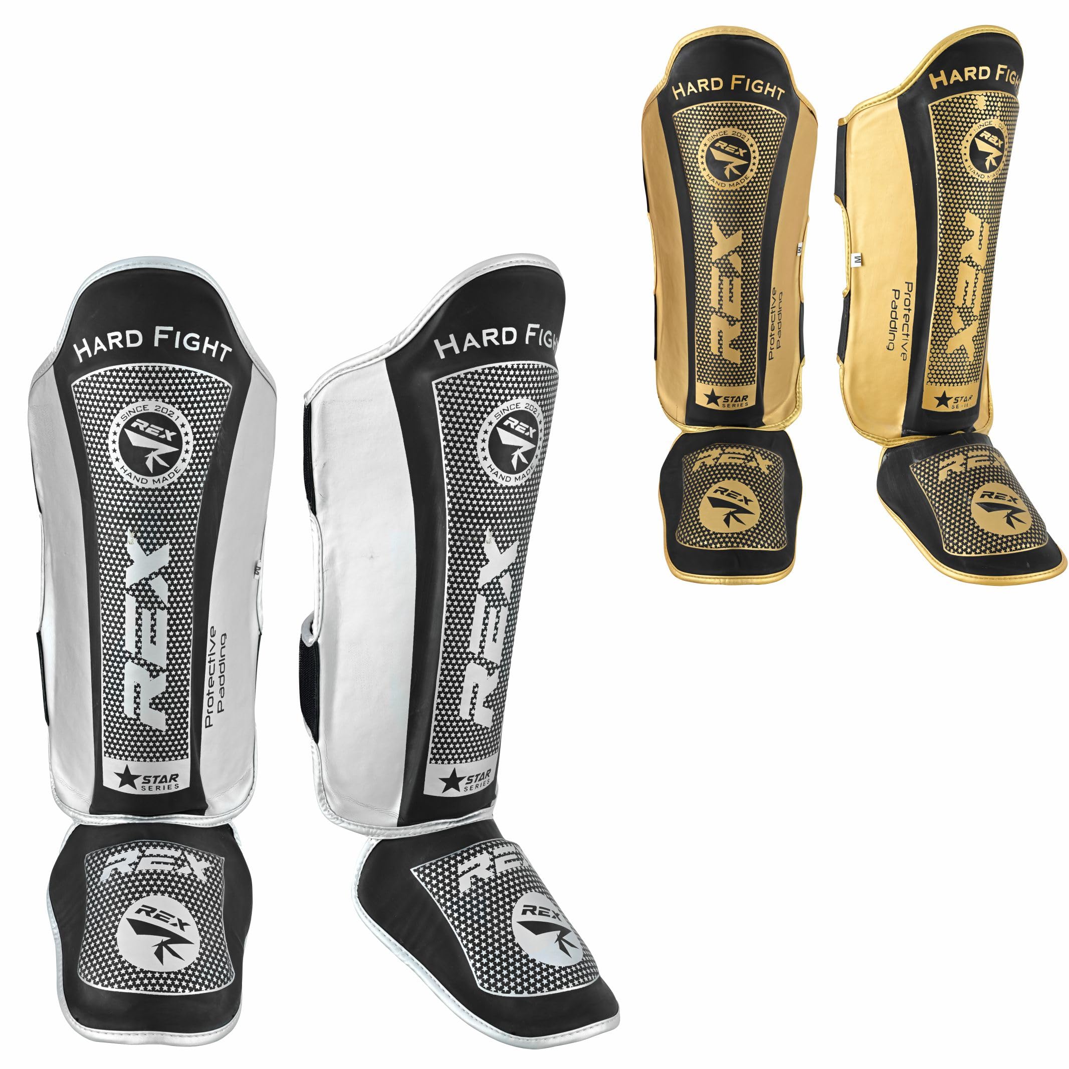 Rex Boxing Shin Guard Muay Thai Instep Leg Protector for Martial Arts, Kickboxing, BJJ, Karate, PU Leather reinforced MMA Shin Instep (Black/SILVER, XL)