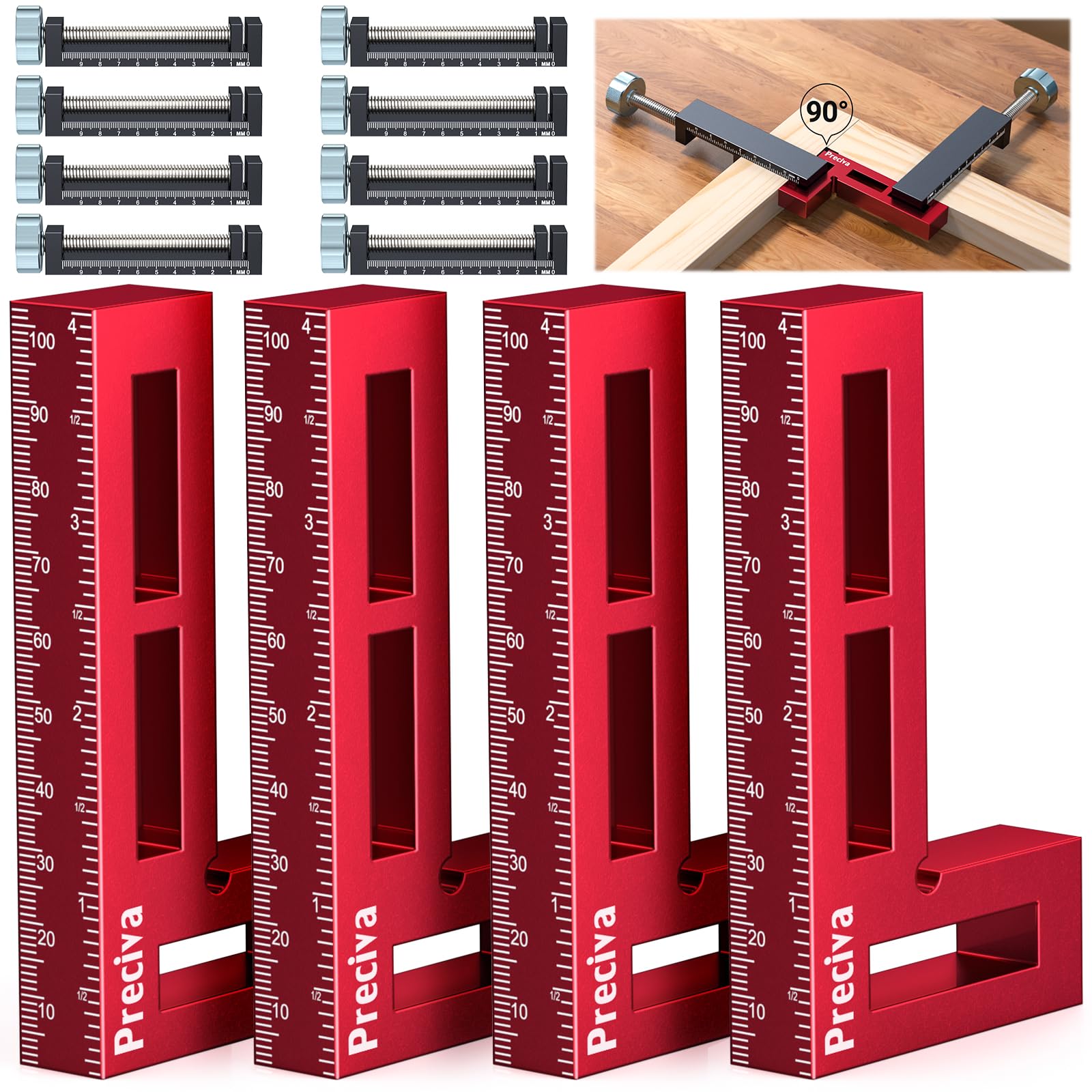 90 Grad Positionierwinkel, Preciva Rechtwinklige Klemmen 4 Stück 90 Grad Winkelspanner Zimmermannswinkel aus Aluminiumlegierung für Holzbearbeitung, Heimwerken (4 Stück, Rot mit Schwarz)