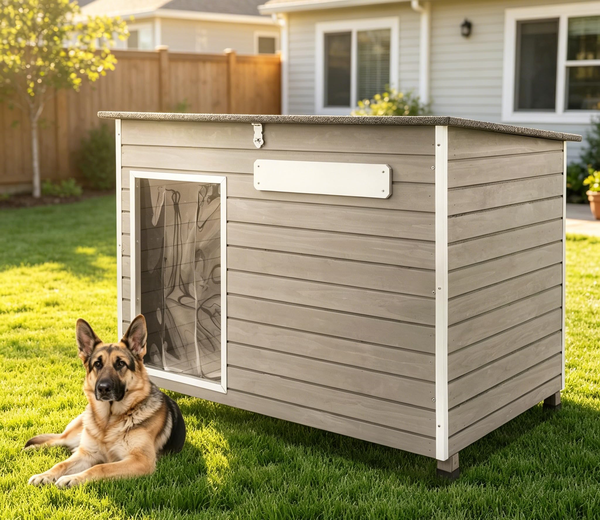 Large Outdoor Dog House, Weatherproof Wood with Chew-Resistant Alloy Frame