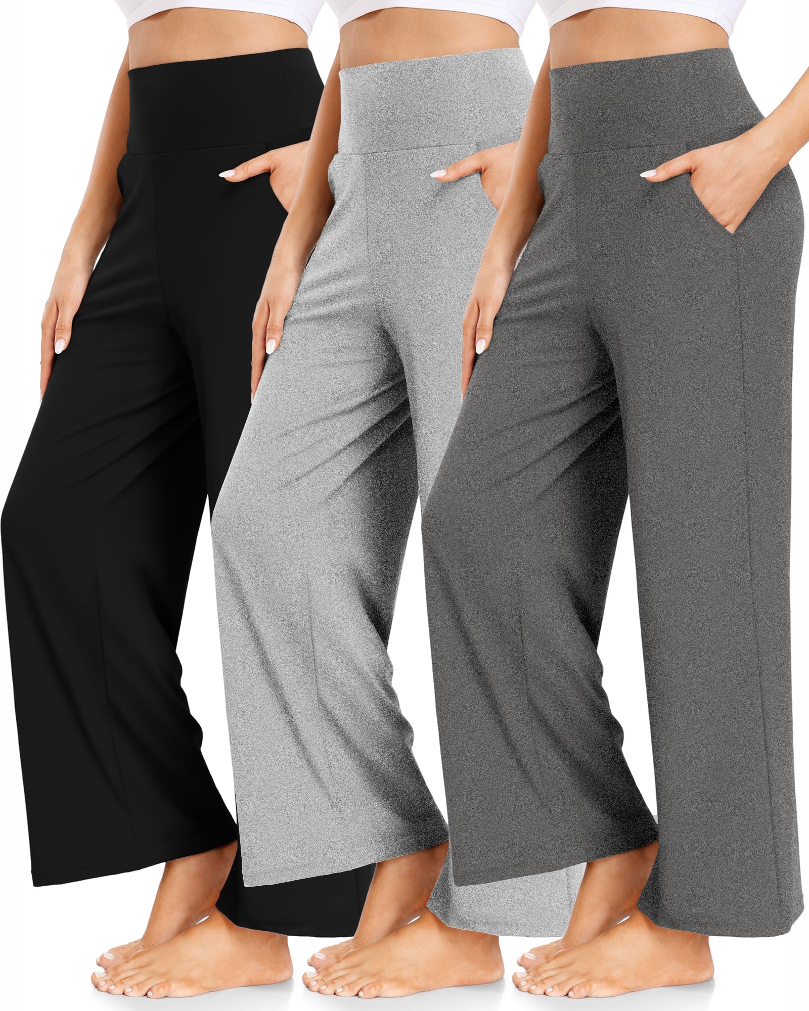 FULLSOFT 3 Pack Women's Wide Leg Yoga Pants Comfy Loose Sweatpants High Waisted Lounge Casual Pants with Pockets, Black,ebony,slate Heather, M Black,ebony,slate Heather M