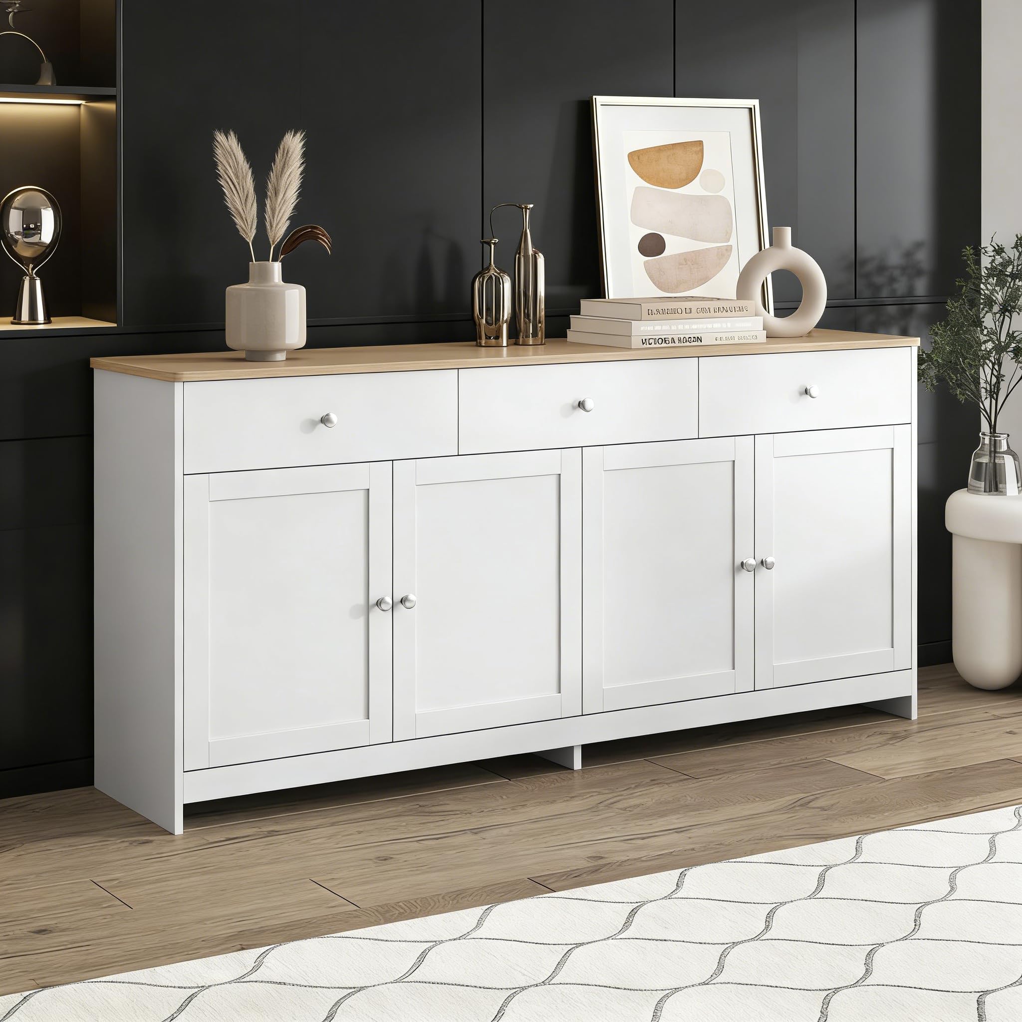 KüChenschrank, Sideboard Kommode Aufbewahrungsschrank mit 3 Schubladen 4 Türen Küchenkommode mit Arbeitsplatte Buffetschrank für Wohnzimmer Schlafzimmer Flur, 160 x 37 x 75 cm (Weiß – 3 Schubladen A)