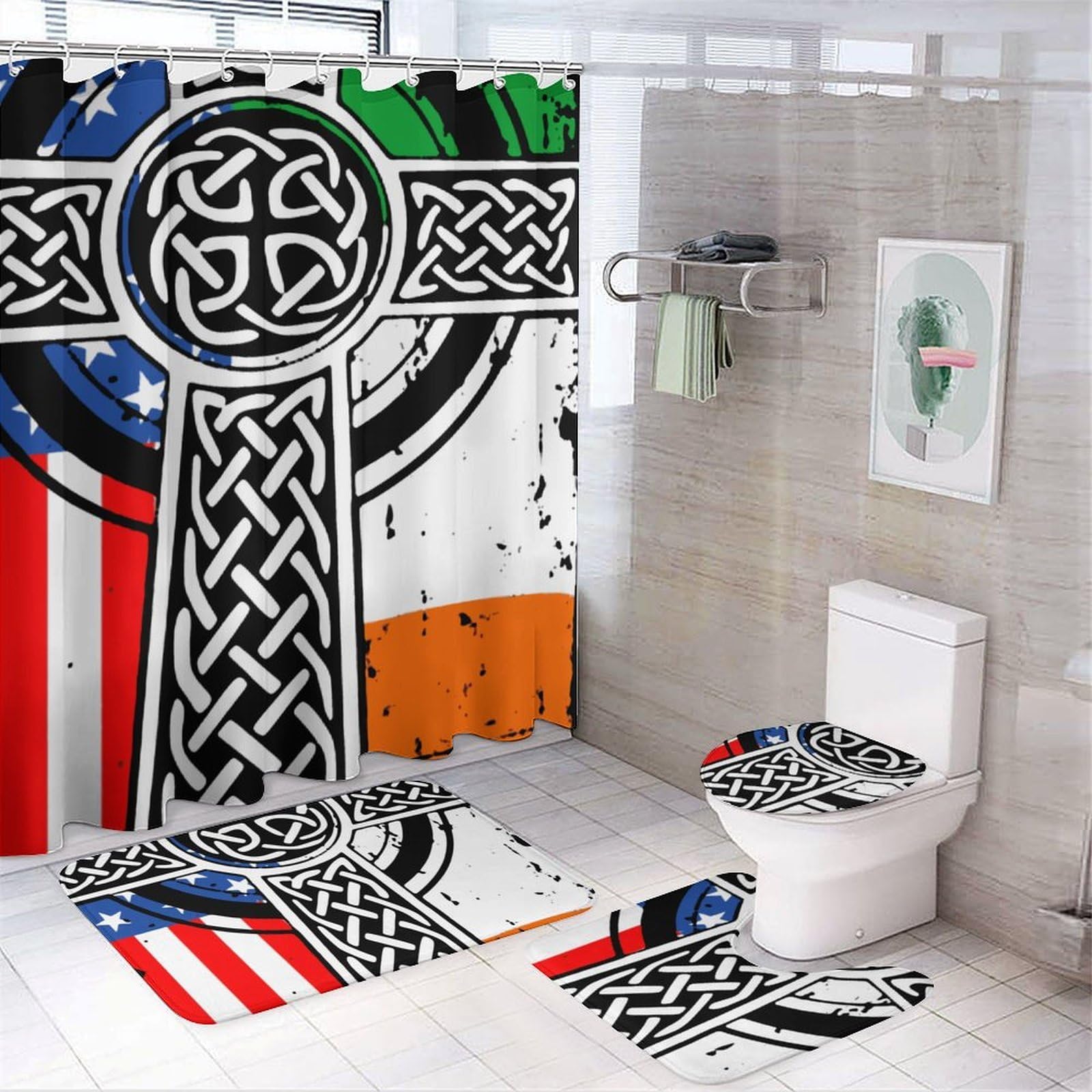 CGSBNGHA Irish Americans-USA Flag Celtic Crosss-Stpatrick's Day Shower Curtain Set 4 Piece Bathroom Sets with Rugs Toilet Lid Cover And U-Shaped Floor Mat