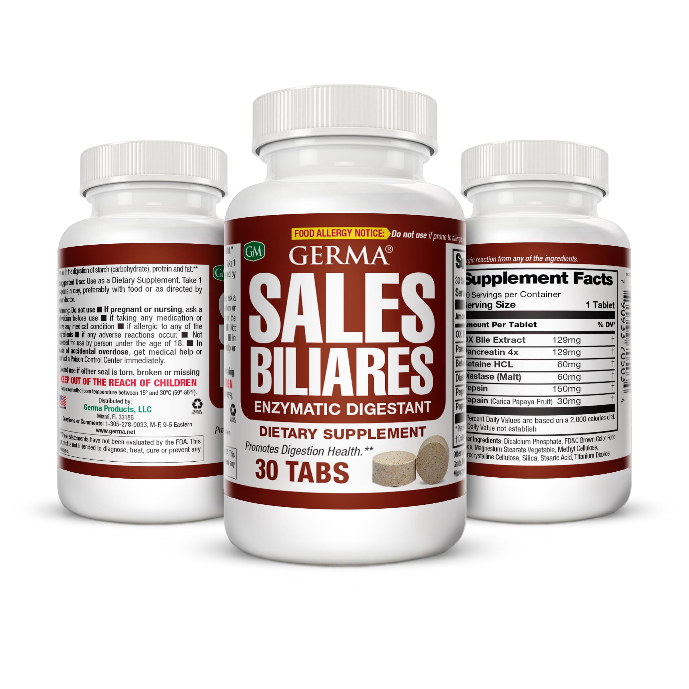 Germa Bile Salts Natural Dietary Supplement, for Liver Support / Sales Biliares Suplemento Dietetico Natural, Ayuda Higado 30 Tabs