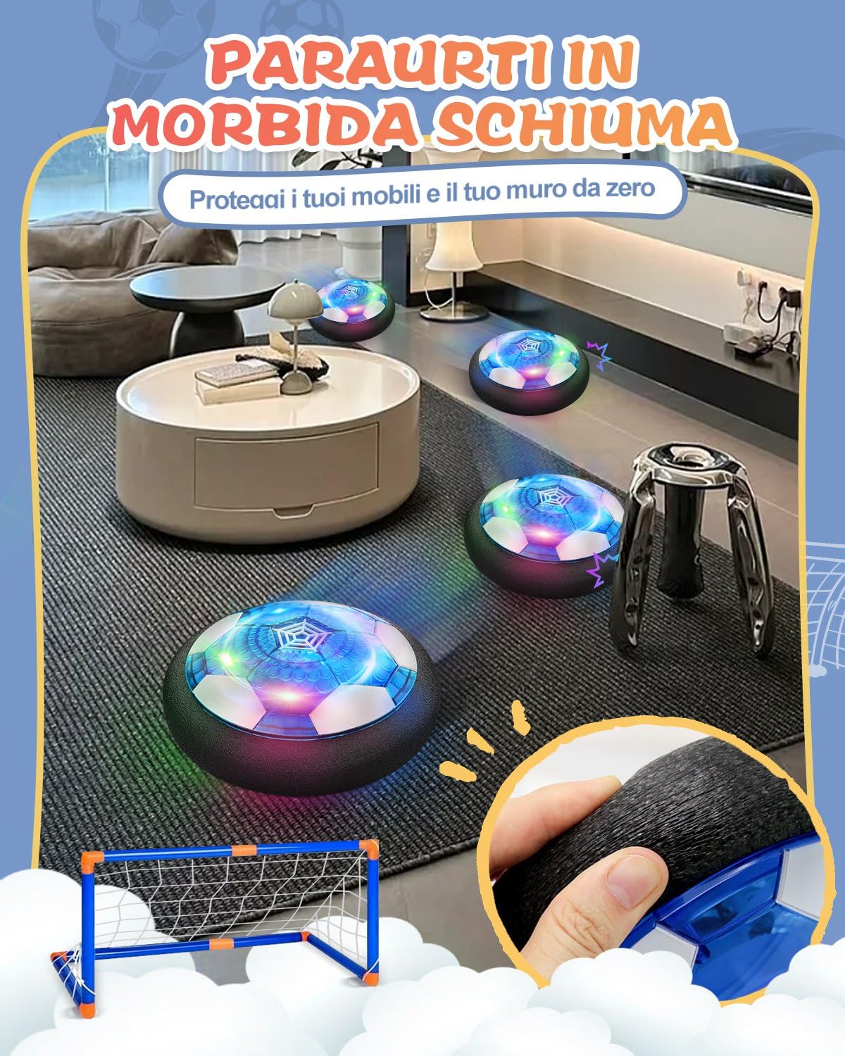 Maxesla Set da Hockey Pallone Calcio Fluttuante Ricaricabile, Air Hover Calcio con LED Luce Air Power Soccer Disc da Allenamento in Schiuma Morbida Paraurti per Indoor & Outdoor, con 2 Porta da Calcio