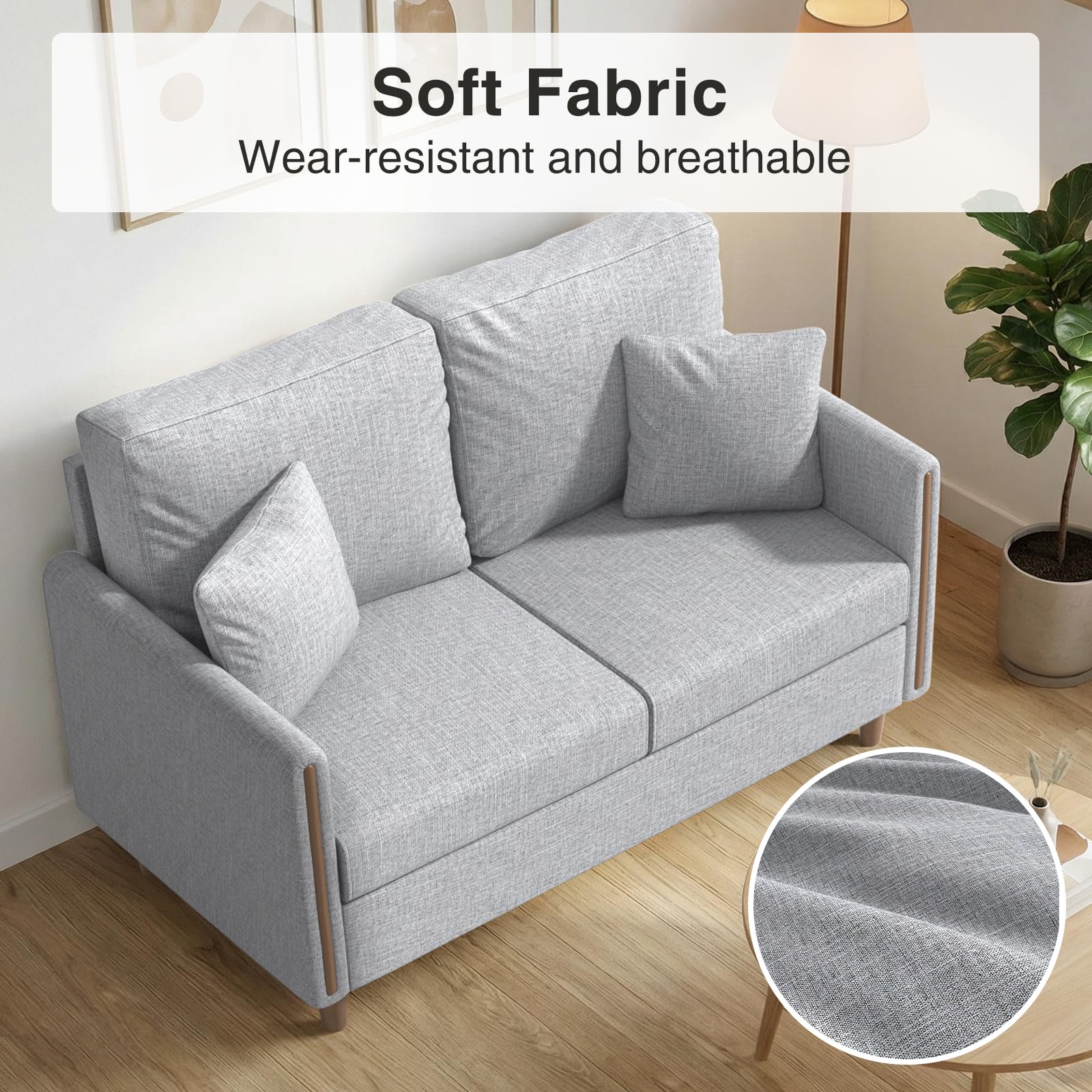 Sofa 2 Sitzer Kleine Couch mit Armlehne, 2 Zierkissen, 127 x 71 x 87 cm Zweisitzer Sofa Modern, Loveseat, Stoffsofa für Wohnzimmer, Schlafzimmer, Wohnung, Büro, Wohnung Einfache Montage