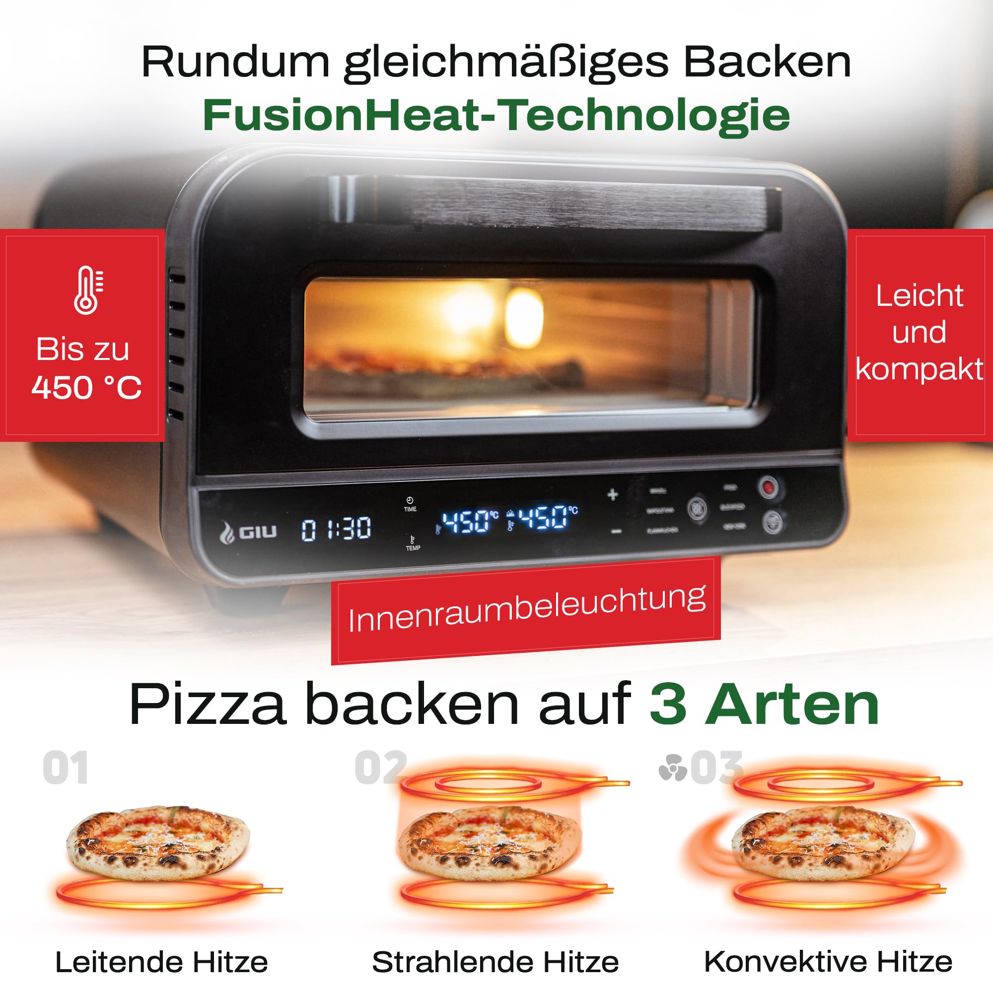 GIU Elektrischer Pizzaofen - Starker Elektro-Ofen für neapolitanische Pizza | Backofen, Pizzaofen, elektrisch, Electric Oven | Über 400 Grad FusionHeat-Tech | Genieße Steinofen-Geschmack Zuhause