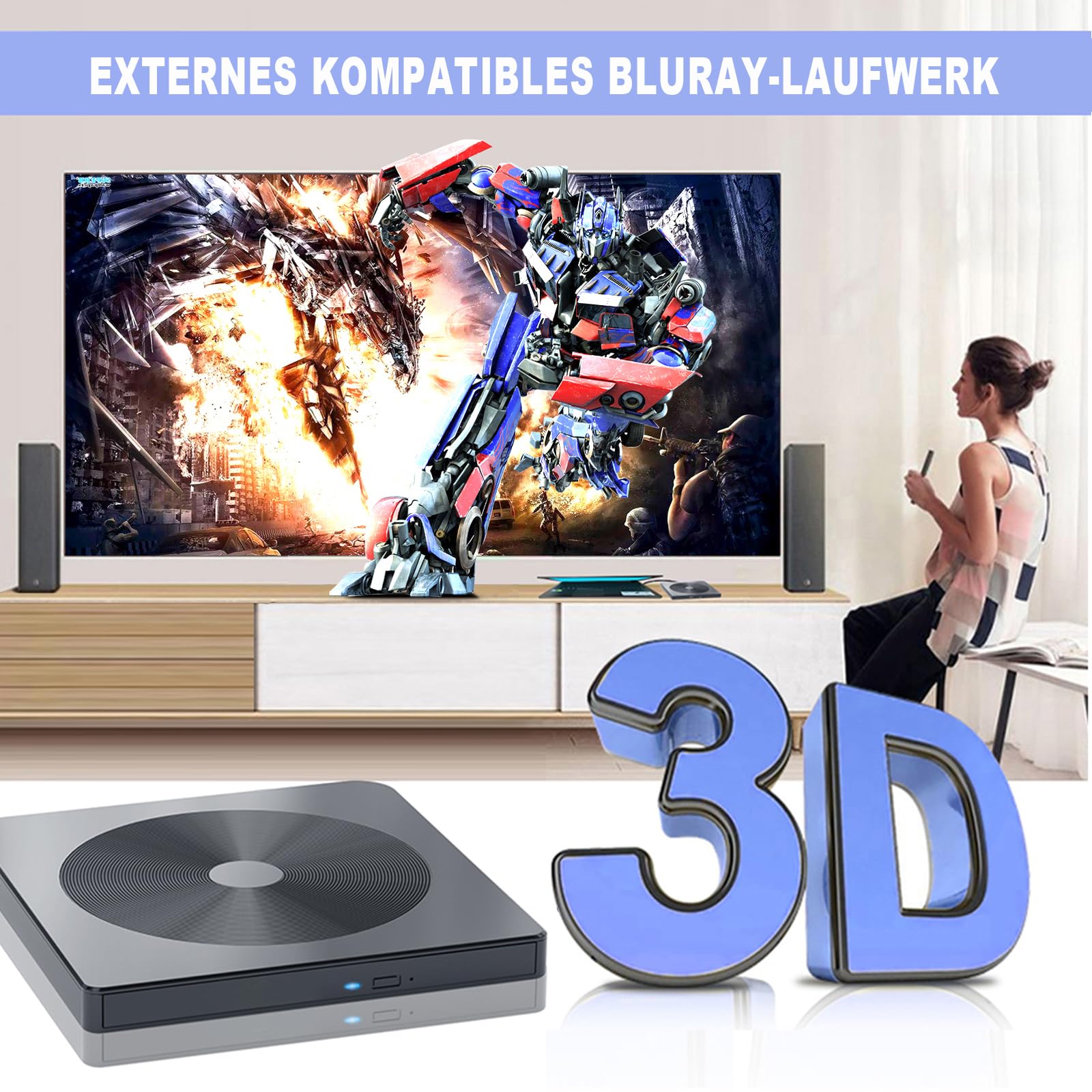 Externes Blu-ray Laufwerk DVD/BD Player Lesen/Schreiben Tragbares USB 3.0 und Typ-C DVD Recorder 4k Ultra High Definition für Win7/8/10/11/PC/Notebook PCs