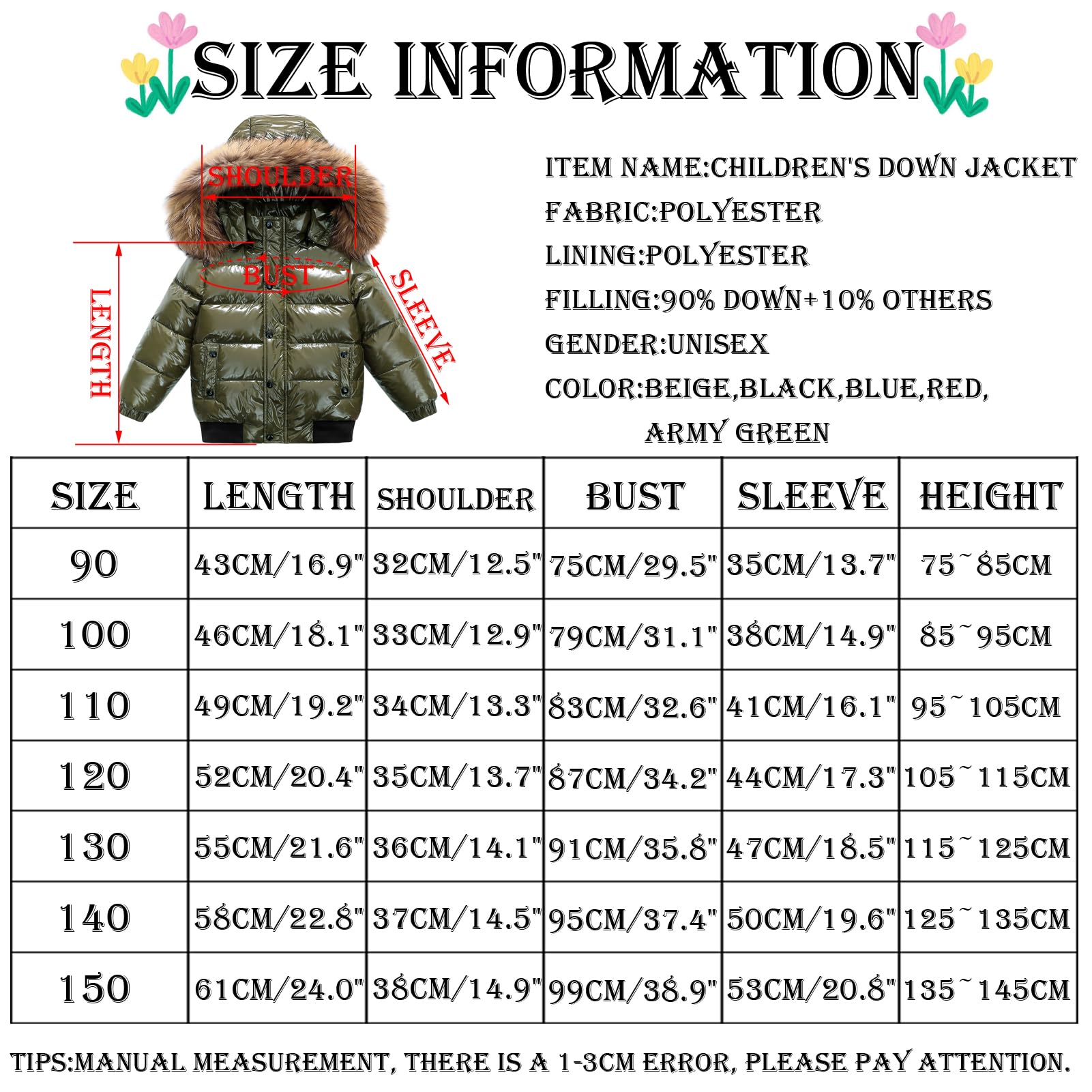 Dziewczęca kurtka puchowa ciepła i błyszcząca kurtka chłopięca, wiatroszczelna, wodoodporna, pogrubiona kurtka zimowa z kapturem z futrzanym kołnierzem, wojskowa zieleń, 2-3 lata