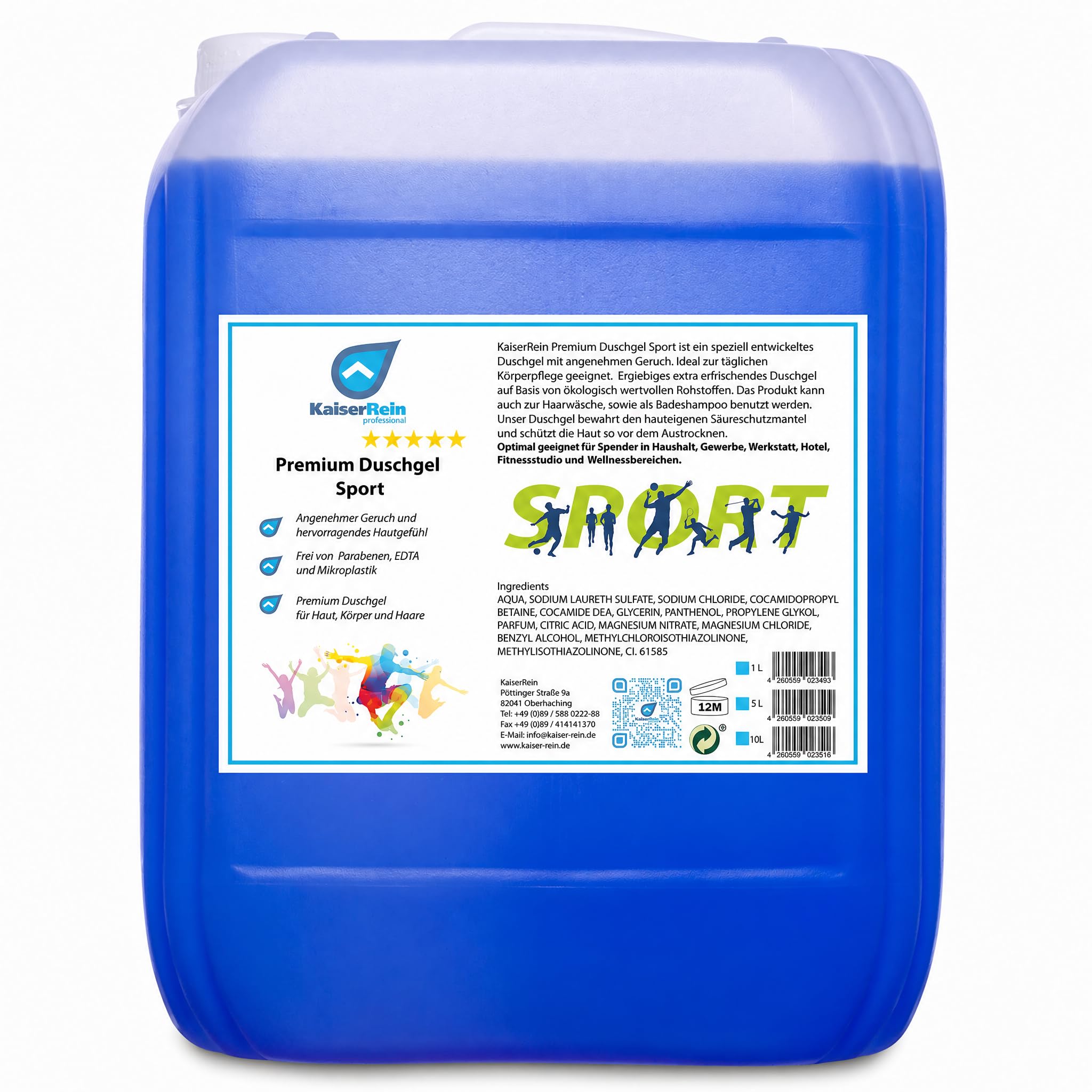 KaiserRein Duschgel Sport, Premium Duschgel für Herren und Damen, 10 L Kanister als Nachfüllpack für Spender, mikroplastikfrei, ohne Parabene und EDTA, für Körper, Haare & als Badezusatz