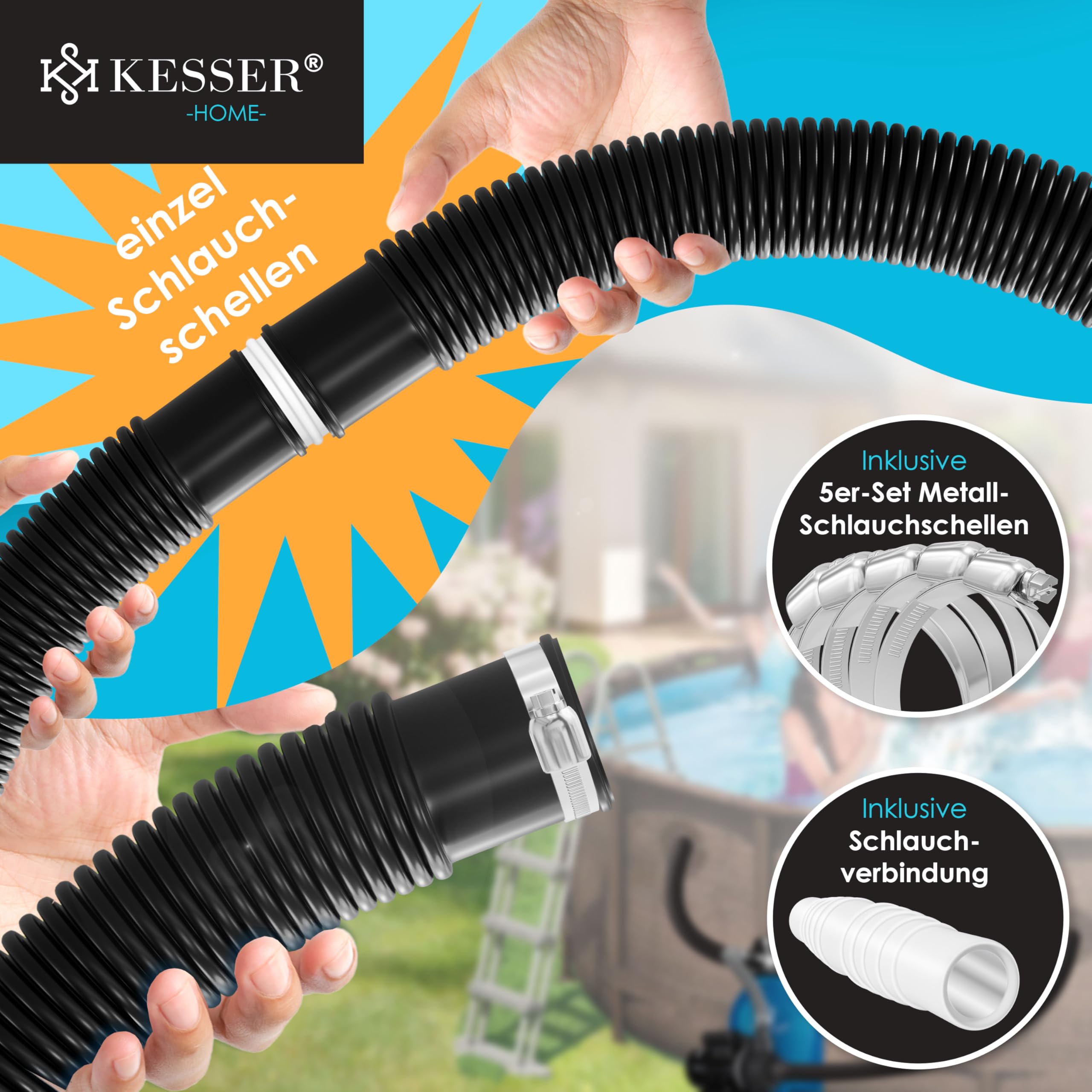 KESSER® Tuyau de bassin | Tuyau de piscine avec manchons | Tuyau solaire pour piscine et bassin | Tuyau d'aspiration | Tuyau de pompe | Tuyau d'eau flexible 8m / Ø 38mm, noir