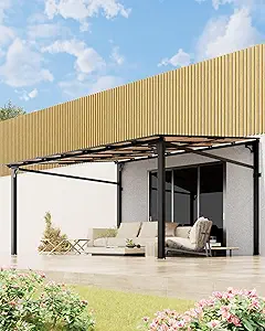 10'x 12' Lean to Gazebo, Hardtop Wall Pergola with Polycarbonate Roof, Aluminum Frame Mounted Gazebo for Lawn Patio Deck Yard and Party