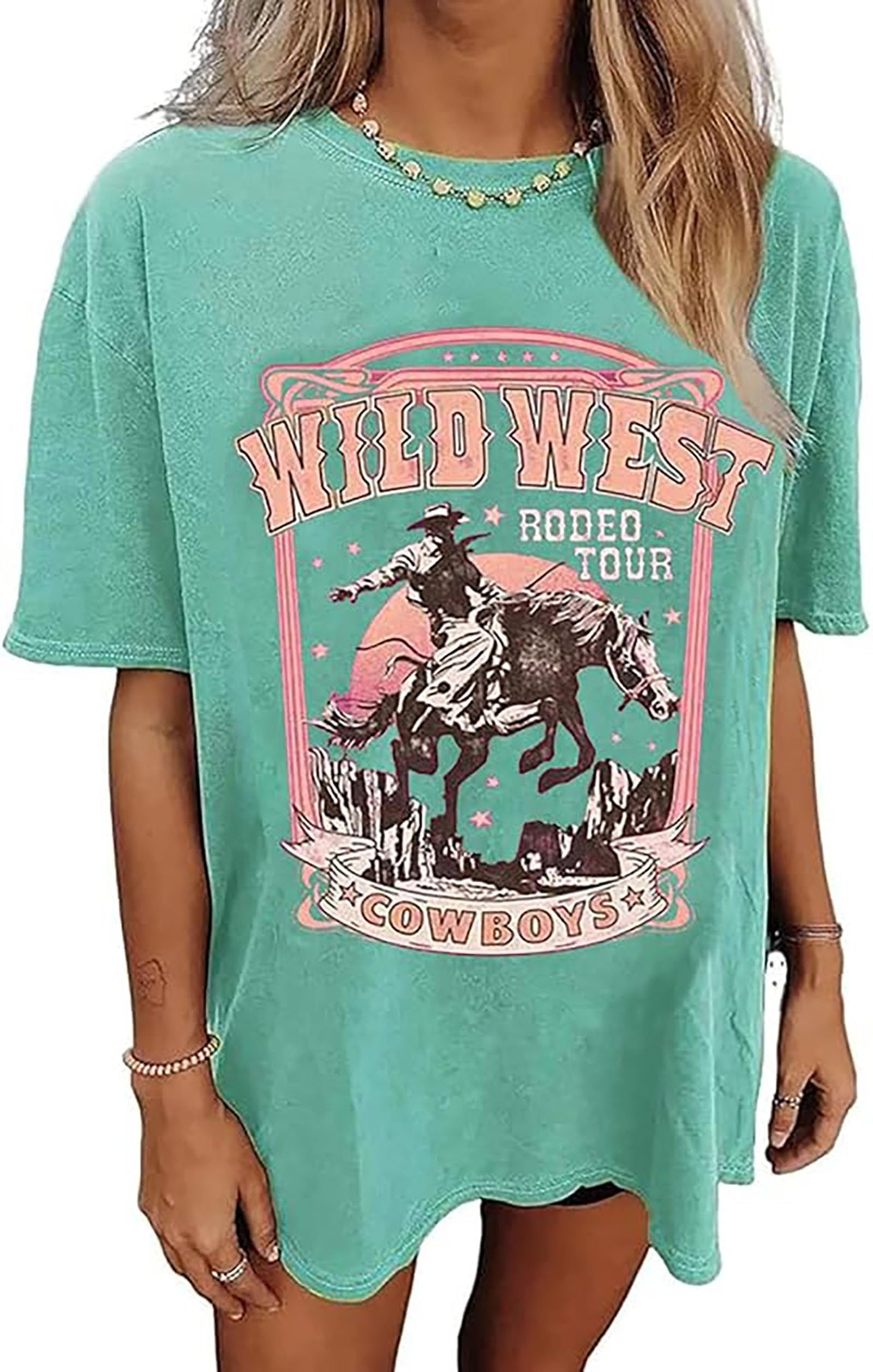 Oversized Western Rodeo Graphic Tee Short Sleeve Women Vintage Rodeo T-Shirt Casual Country Music Tee Top